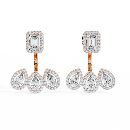 LAB-GROWN DIAMOND EARRING BACK VIEW WITH EMERALD HALO TOP AND TRIPLE PEAR DROP DESIGN IN ROSE GOLD FEATURING DIAMOND CLARITY VVS TO VS+ AND DIAMOND COLOR D–F LUXURY JEWELRY #ROSE GOLD