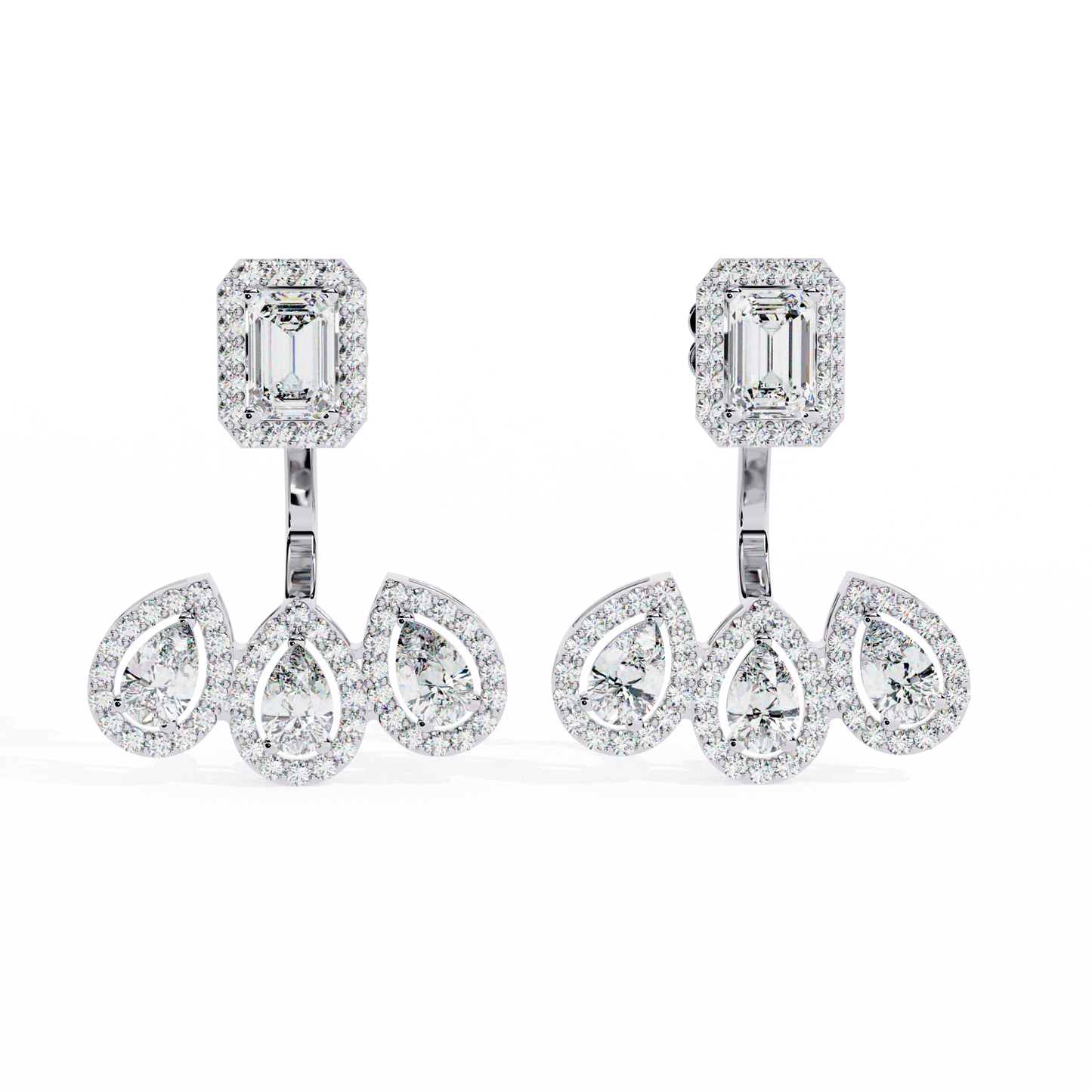 LAB-GROWN DIAMOND EARRING BACK VIEW WITH EMERALD HALO TOP AND TRIPLE PEAR DROP DESIGN IN WHITE GOLD FEATURING DIAMOND CLARITY VVS TO VS+ AND DIAMOND COLOR D–F LUXURY JEWELRY #WHITE GOLD