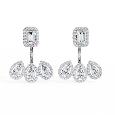 LAB-GROWN DIAMOND EARRING BACK VIEW WITH EMERALD HALO TOP AND TRIPLE PEAR DROP DESIGN IN WHITE GOLD FEATURING DIAMOND CLARITY VVS TO VS+ AND DIAMOND COLOR D–F LUXURY JEWELRY #WHITE GOLD