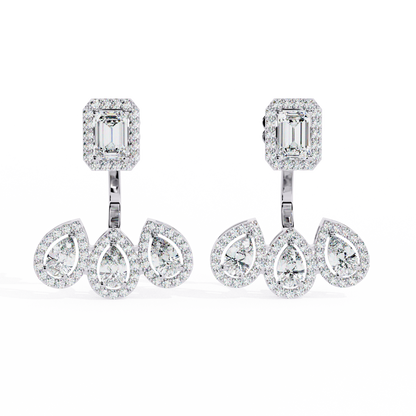 LAB-GROWN DIAMOND EARRING BACK VIEW WITH EMERALD HALO TOP AND TRIPLE PEAR DROP DESIGN IN WHITE GOLD FEATURING DIAMOND CLARITY VVS TO VS+ AND DIAMOND COLOR D–F LUXURY JEWELRY #WHITE GOLD