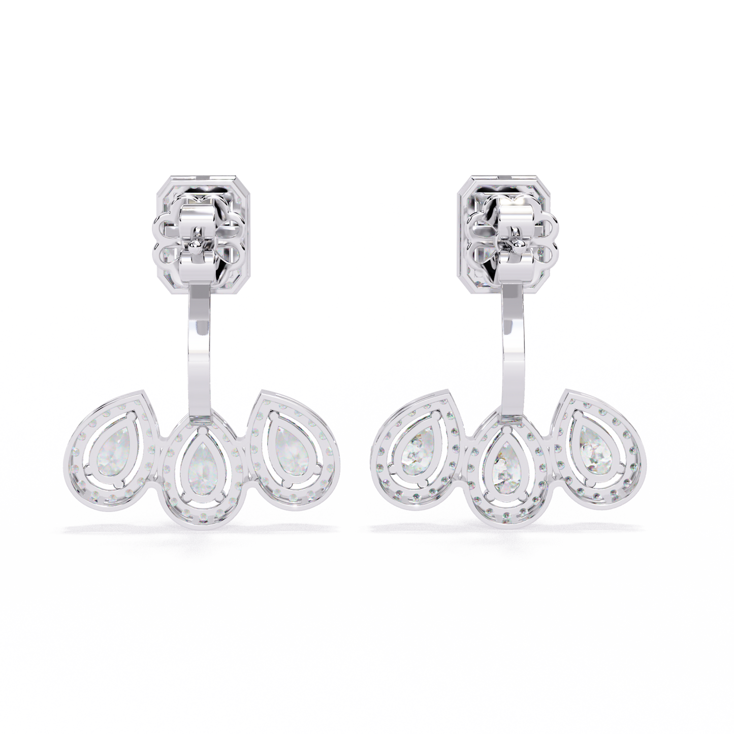 LAB-GROWN DIAMOND EARRING BACK VIEW WITH EMERALD HALO TOP AND TRIPLE PEAR DROP DESIGN IN WHITE GOLD FEATURING DIAMOND CLARITY VVS TO VS+ AND DIAMOND COLOR D–F LUXURY JEWELRY #WHITE GOLD