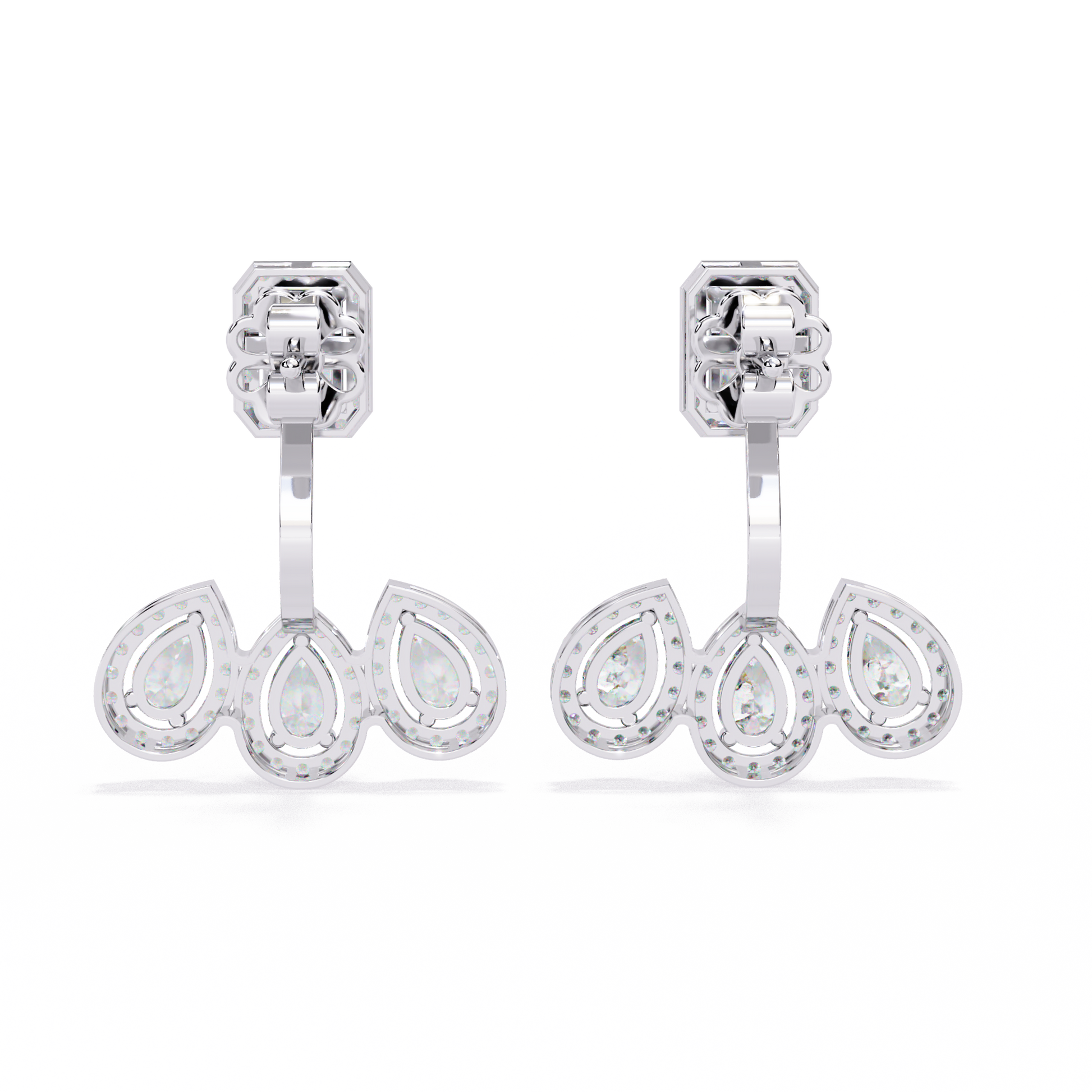 LAB-GROWN DIAMOND EARRING BACK VIEW WITH EMERALD HALO TOP AND TRIPLE PEAR DROP DESIGN IN WHITE GOLD FEATURING DIAMOND CLARITY VVS TO VS+ AND DIAMOND COLOR D–F LUXURY JEWELRY #WHITE GOLD