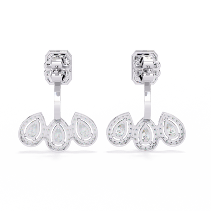 LAB-GROWN DIAMOND EARRING BACK VIEW WITH EMERALD HALO TOP AND TRIPLE PEAR DROP DESIGN IN WHITE GOLD FEATURING DIAMOND CLARITY VVS TO VS+ AND DIAMOND COLOR D–F LUXURY JEWELRY #WHITE GOLD