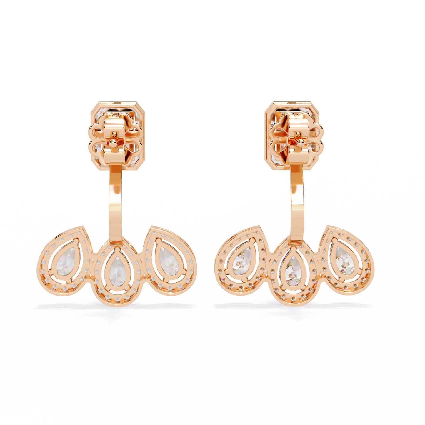 LAB-GROWN DIAMOND EARRING BACK VIEW WITH EMERALD HALO TOP AND TRIPLE PEAR DROP DESIGN IN ROSE GOLD FEATURING DIAMOND CLARITY VVS TO VS+ AND DIAMOND COLOR D–F LUXURY JEWELRY #ROSE GOLD