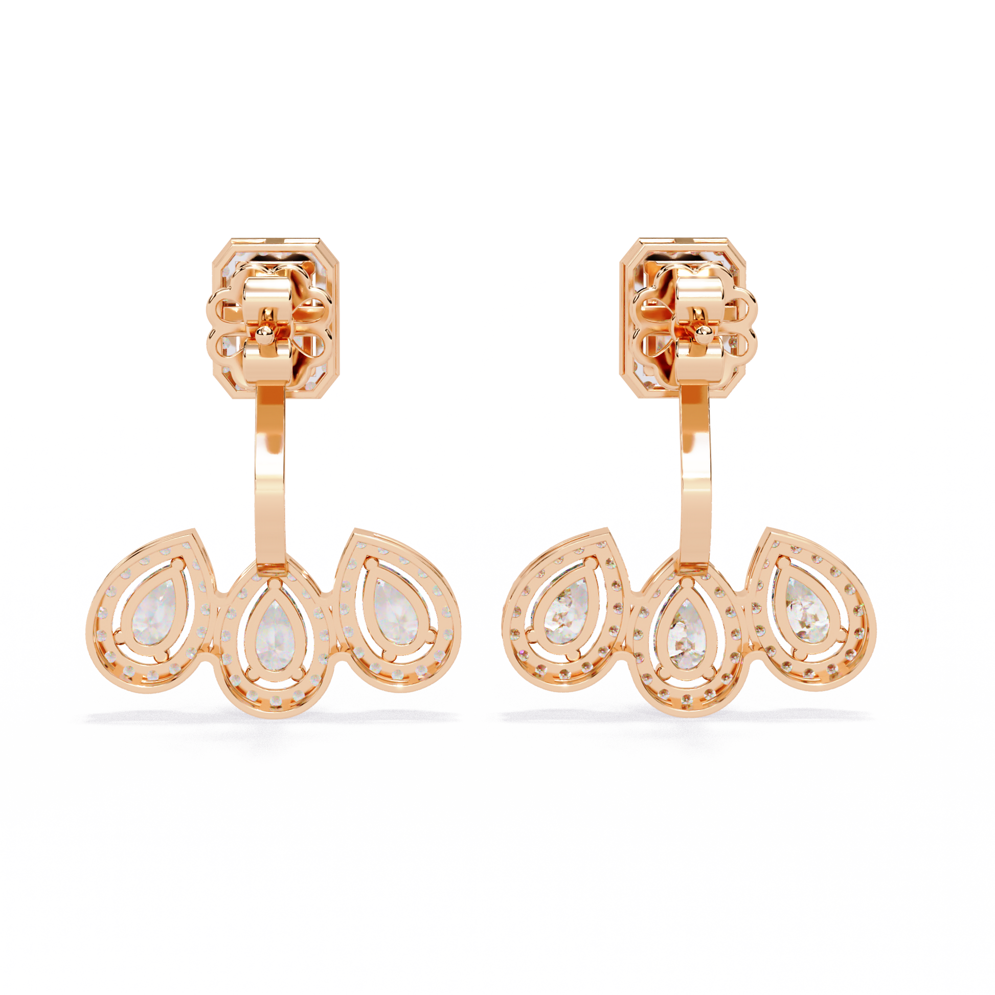 LAB-GROWN DIAMOND EARRING BACK VIEW WITH EMERALD HALO TOP AND TRIPLE PEAR DROP DESIGN IN ROSE GOLD FEATURING DIAMOND CLARITY VVS TO VS+ AND DIAMOND COLOR D–F LUXURY JEWELRY #ROSE GOLD