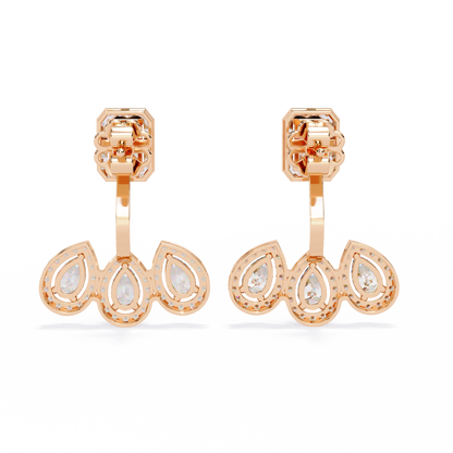 LAB-GROWN DIAMOND EARRING BACK VIEW WITH EMERALD HALO TOP AND TRIPLE PEAR DROP DESIGN IN ROSE GOLD FEATURING DIAMOND CLARITY VVS TO VS+ AND DIAMOND COLOR D–F LUXURY JEWELRY #ROSE GOLD