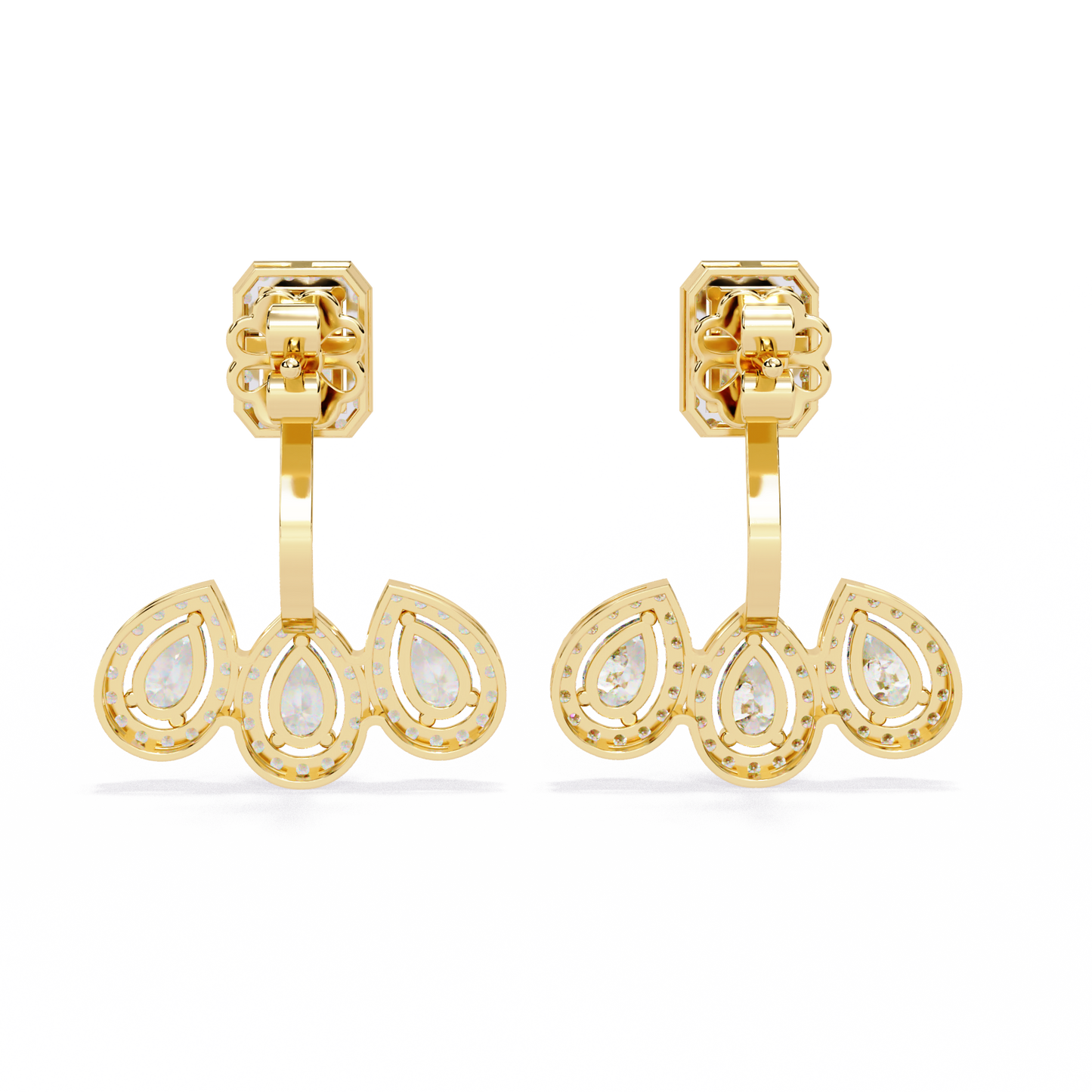 LAB-GROWN DIAMOND EARRING WITH EMERALD HALO TOP AND TRIPLE PEAR DROP DESIGN IN YELLOW GOLD FEATURING DIAMOND CLARITY VVS TO VS+ AND DIAMOND COLOR D–F LUXURY JEWELRY #YELLOW GOLD