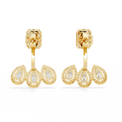 LAB-GROWN DIAMOND EARRING WITH EMERALD HALO TOP AND TRIPLE PEAR DROP DESIGN IN YELLOW GOLD FEATURING DIAMOND CLARITY VVS TO VS+ AND DIAMOND COLOR D–F LUXURY JEWELRY #YELLOW GOLD