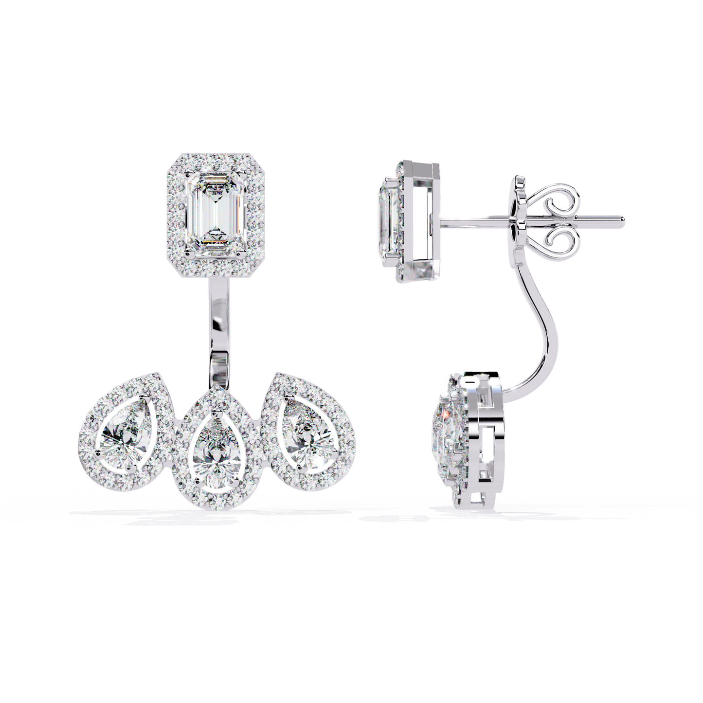 LAB-GROWN DIAMOND EARRING BACK VIEW WITH EMERALD HALO TOP AND TRIPLE PEAR DROP DESIGN IN WHITE GOLD FEATURING DIAMOND CLARITY VVS TO VS+ AND DIAMOND COLOR D–F LUXURY JEWELRY #WHITE GOLD