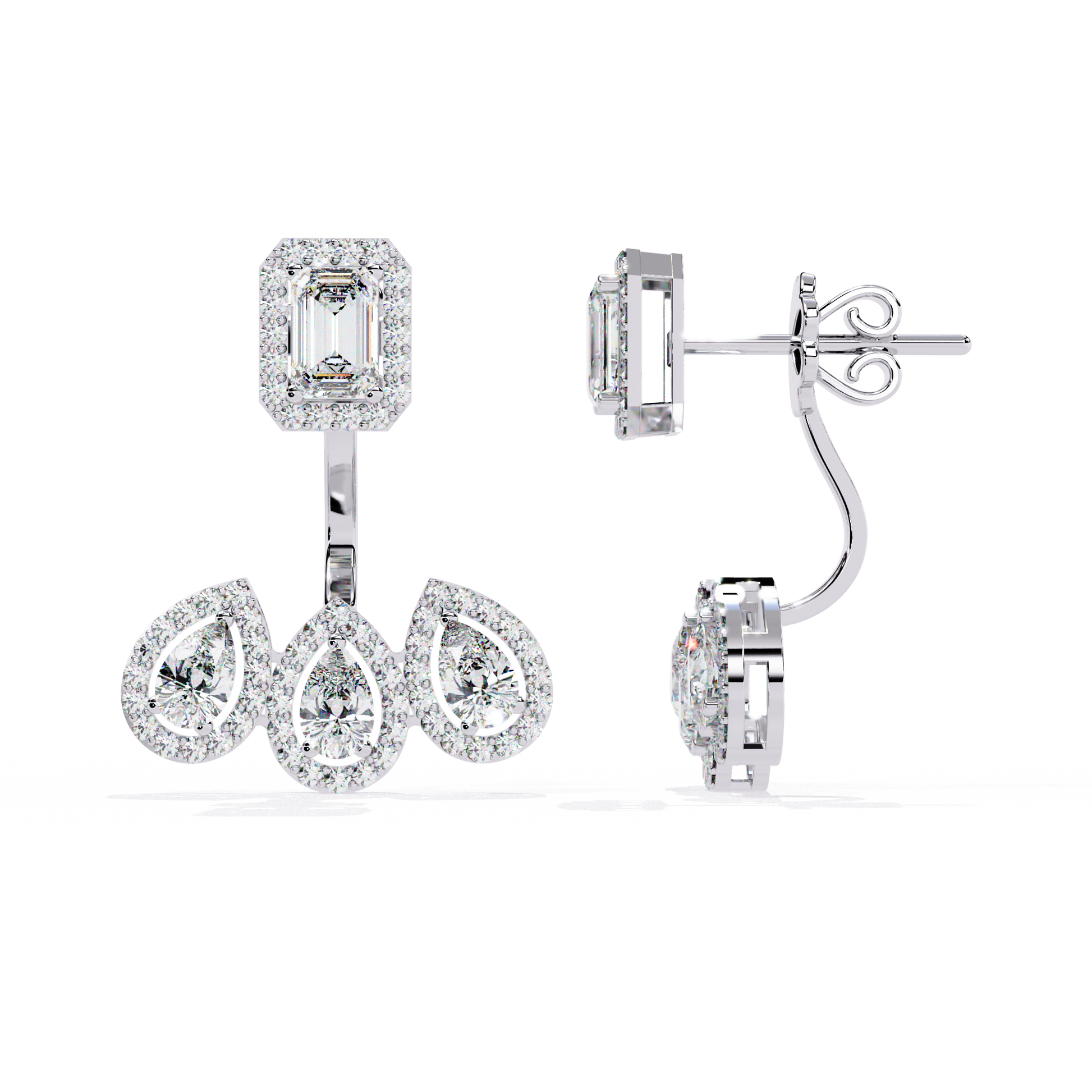 LAB-GROWN DIAMOND EARRING BACK VIEW WITH EMERALD HALO TOP AND TRIPLE PEAR DROP DESIGN IN WHITE GOLD FEATURING DIAMOND CLARITY VVS TO VS+ AND DIAMOND COLOR D–F LUXURY JEWELRY #WHITE GOLD
