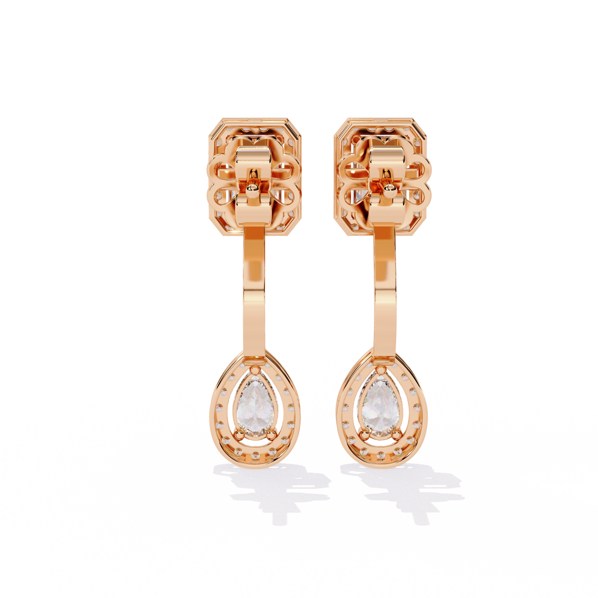 LAB-GROWN DIAMOND EARRING WITH EMERALD HALO TOP AND PEAR HALO DROP DESIGN IN ROSE GOLD FEATURING VVS TO VS+ D–F DIAMONDS #ROSE GOLD