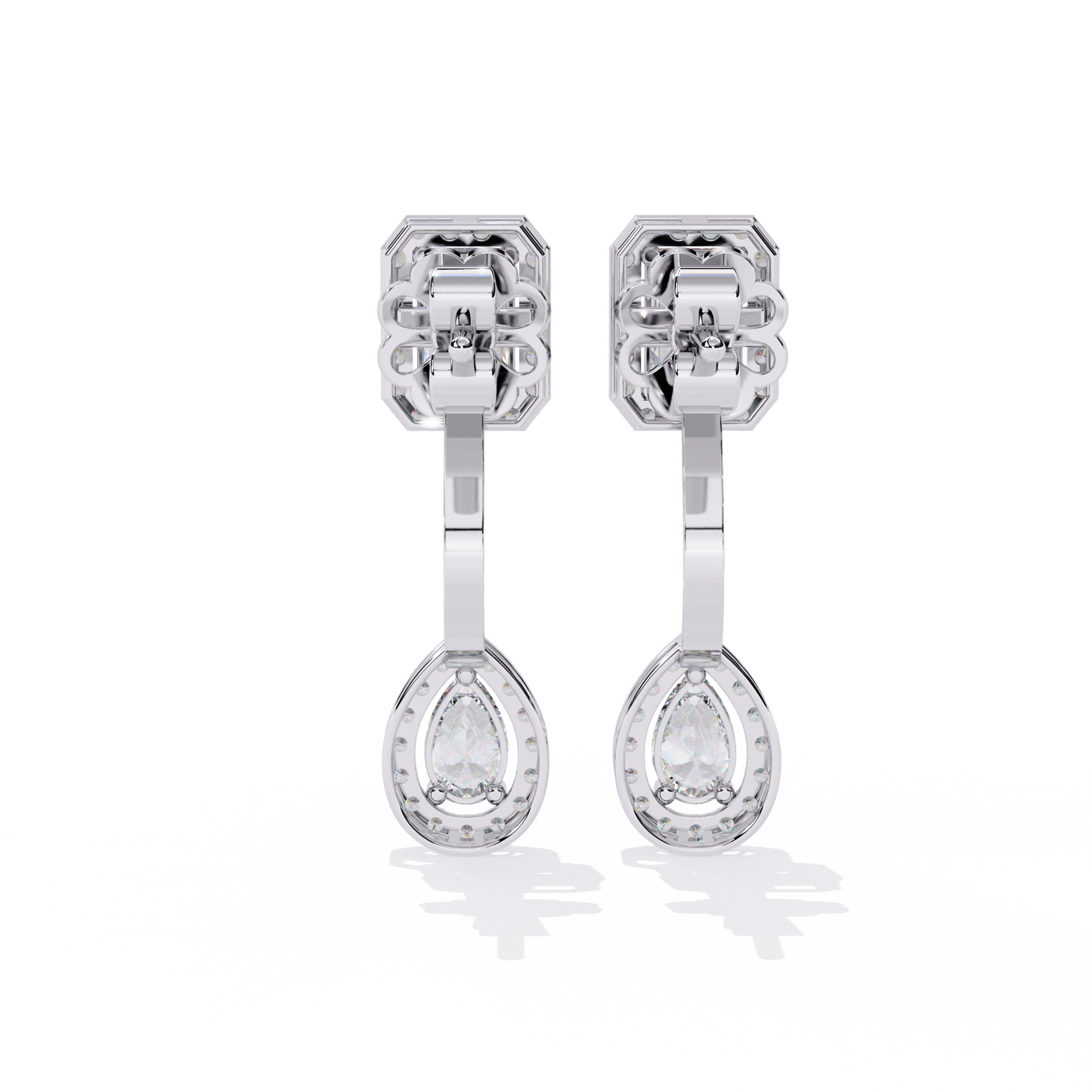 LAB-GROWN DIAMOND EARRING SIDE VIEW WITH EMERALD HALO STUD AND PEAR HALO DROP DESIGN IN WHITE GOLD FEATURING VVS TO VS+ D–F DIAMONDS #WHITE GOLD
