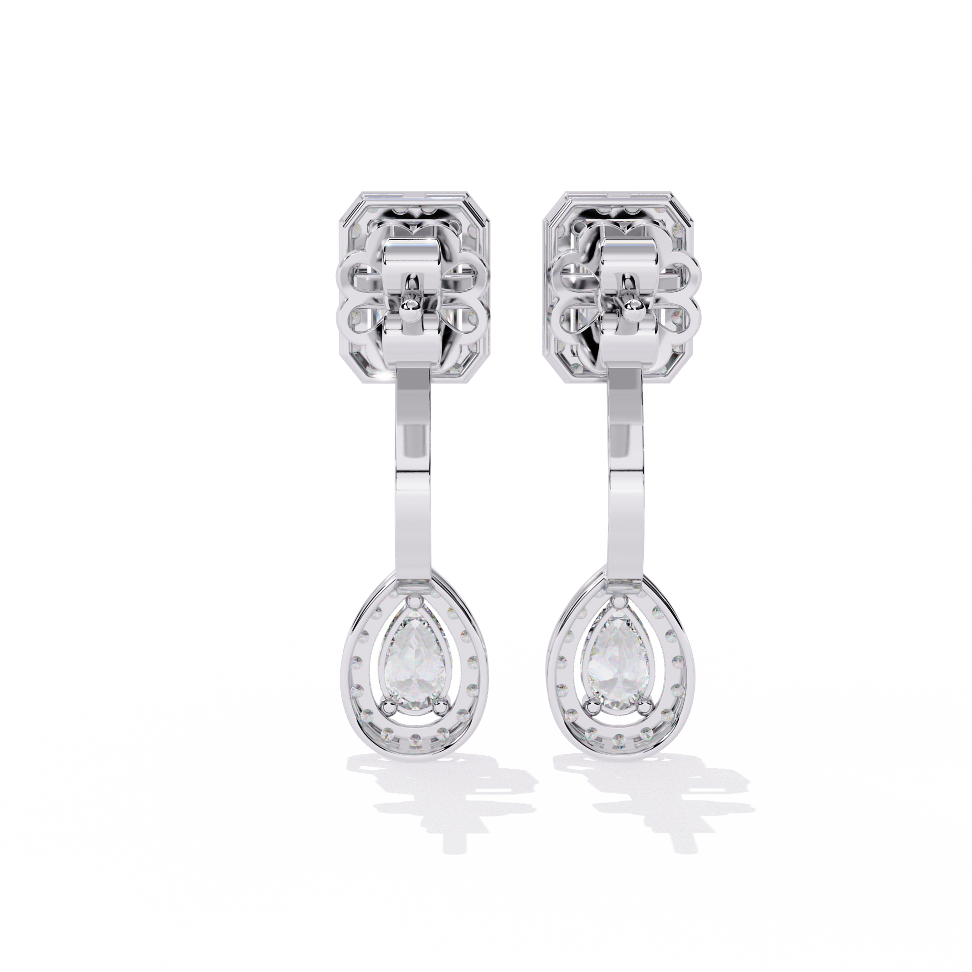 LAB-GROWN DIAMOND EARRING SIDE VIEW WITH EMERALD HALO STUD AND PEAR HALO DROP DESIGN IN WHITE GOLD FEATURING VVS TO VS+ D–F DIAMONDS #WHITE GOLD