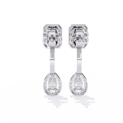 LAB-GROWN DIAMOND EARRING SIDE VIEW WITH EMERALD HALO STUD AND PEAR HALO DROP DESIGN IN WHITE GOLD FEATURING VVS TO VS+ D–F DIAMONDS #WHITE GOLD