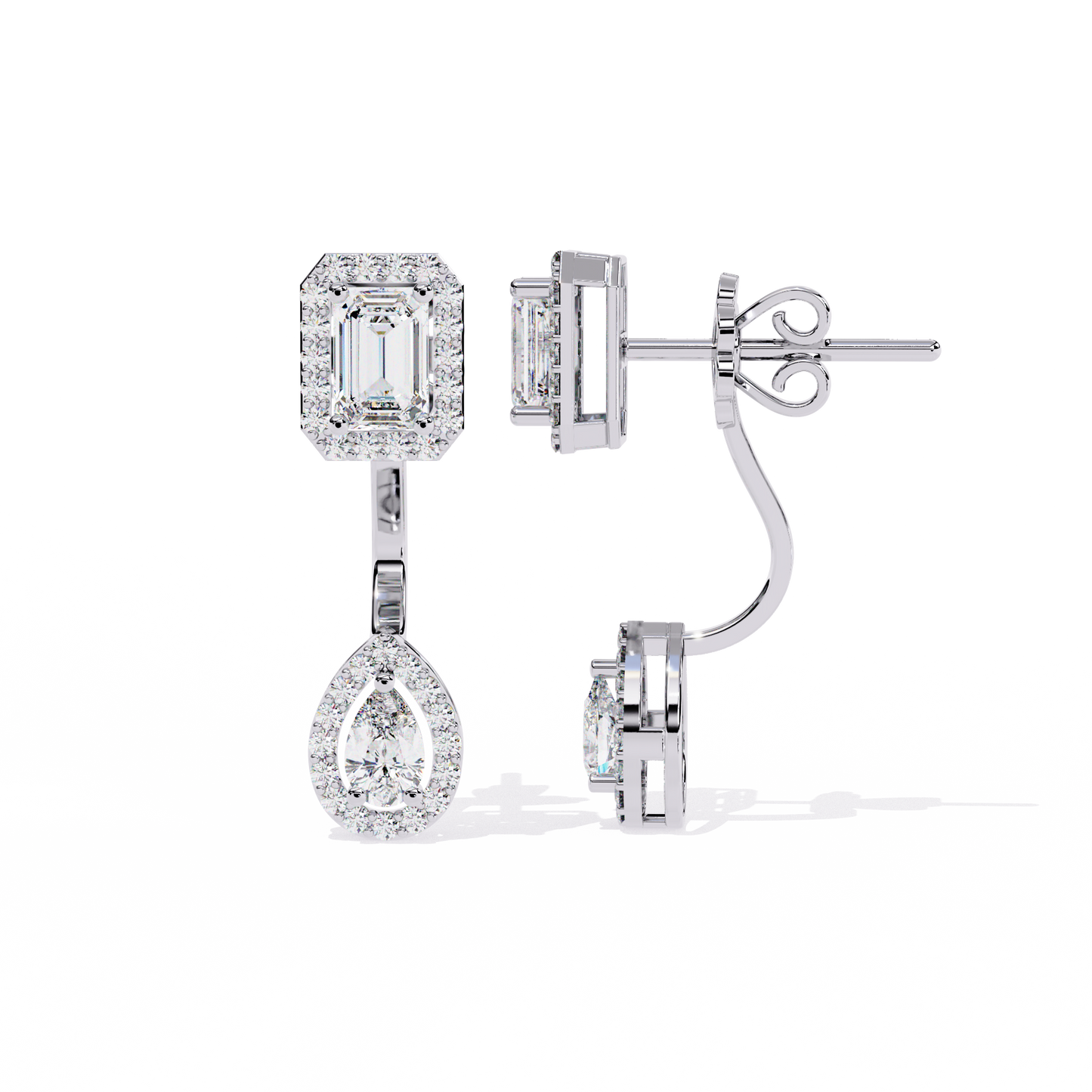LAB-GROWN DIAMOND EARRING SIDE VIEW WITH EMERALD HALO STUD AND PEAR HALO DROP DESIGN IN WHITE GOLD FEATURING VVS TO VS+ D–F DIAMONDS #WHITE GOLD