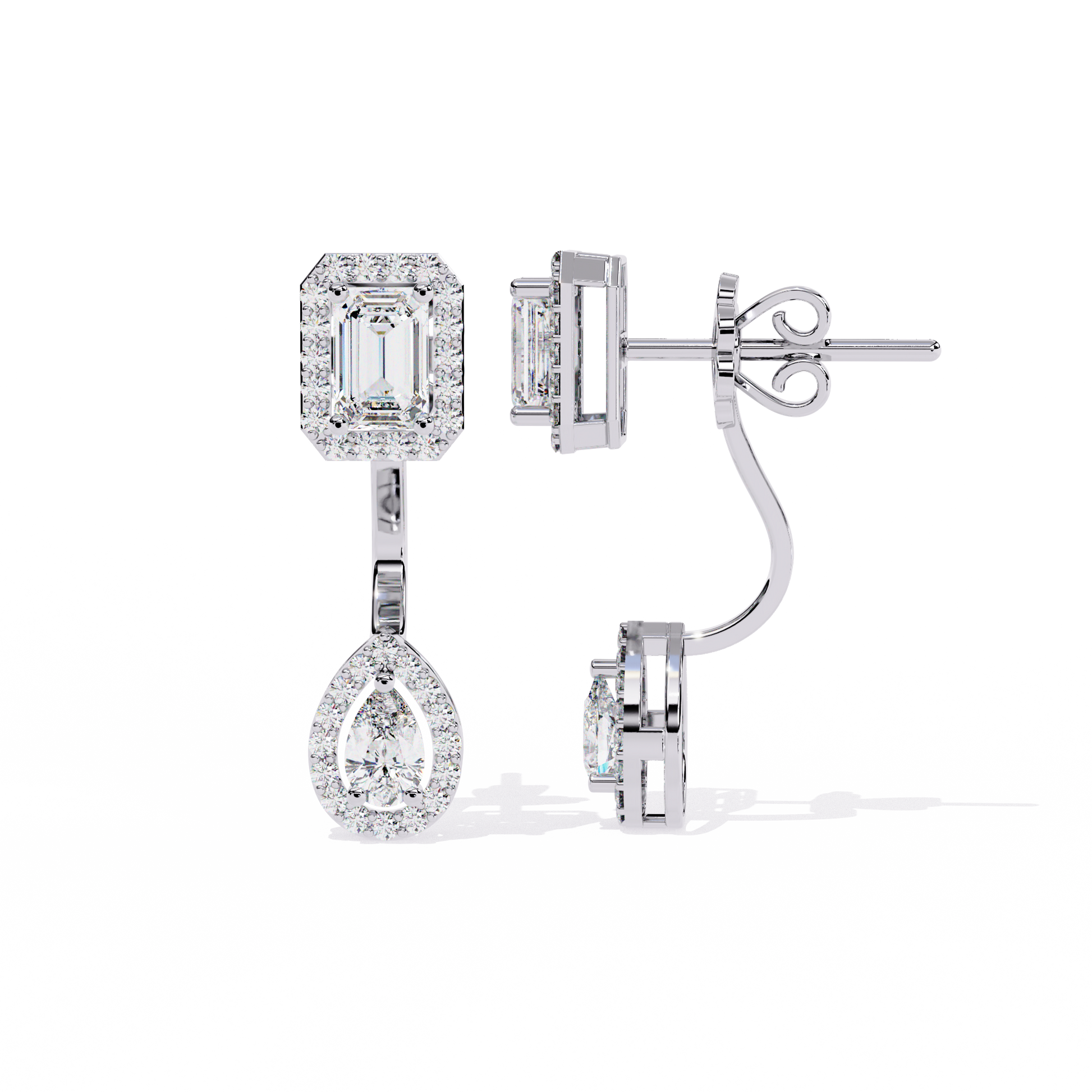 LAB-GROWN DIAMOND EARRING SIDE VIEW WITH EMERALD HALO STUD AND PEAR HALO DROP DESIGN IN WHITE GOLD FEATURING VVS TO VS+ D–F DIAMONDS #WHITE GOLD