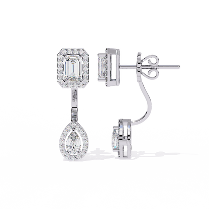 LAB-GROWN DIAMOND EARRING SIDE VIEW WITH EMERALD HALO STUD AND PEAR HALO DROP DESIGN IN WHITE GOLD FEATURING VVS TO VS+ D–F DIAMONDS #WHITE GOLD