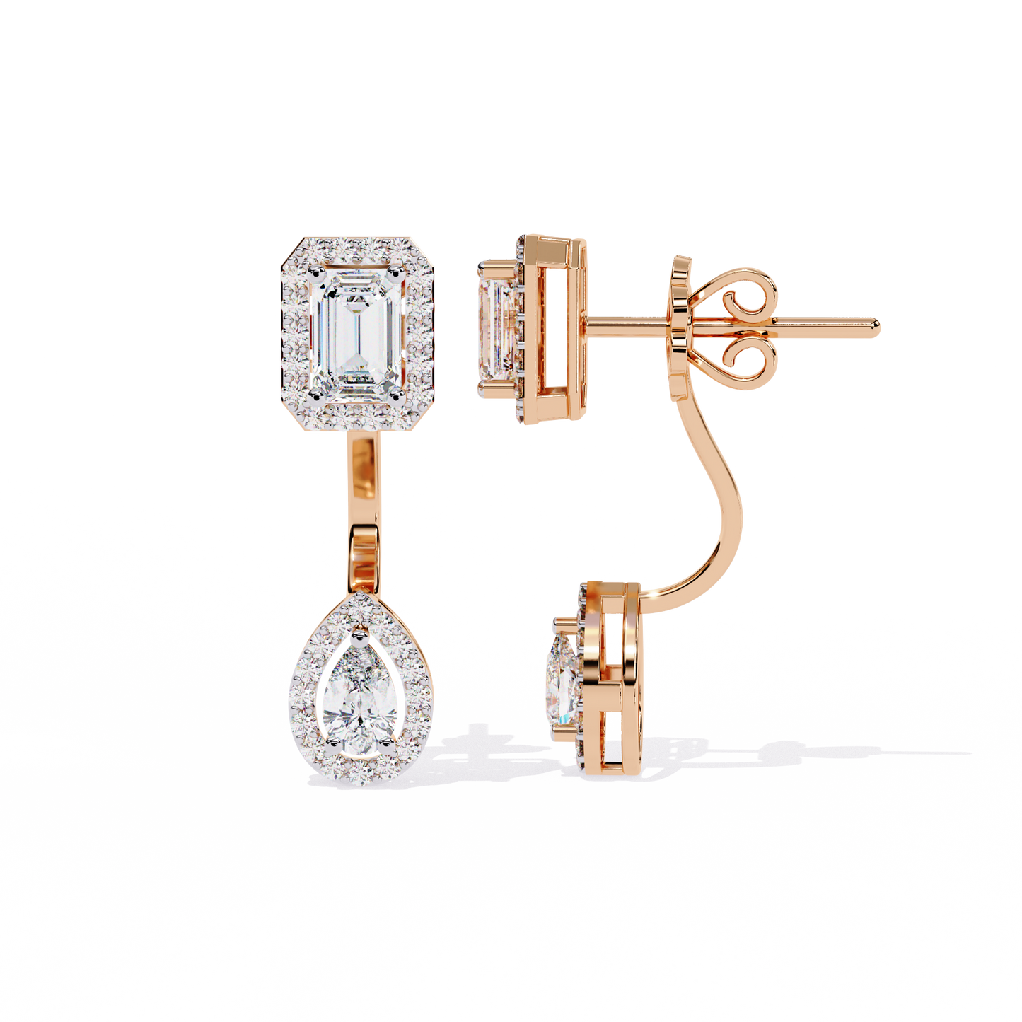 LAB-GROWN DIAMOND EARRING WITH EMERALD HALO TOP AND PEAR HALO DROP DESIGN IN ROSE GOLD FEATURING VVS TO VS+ D–F DIAMONDS #ROSE GOLD