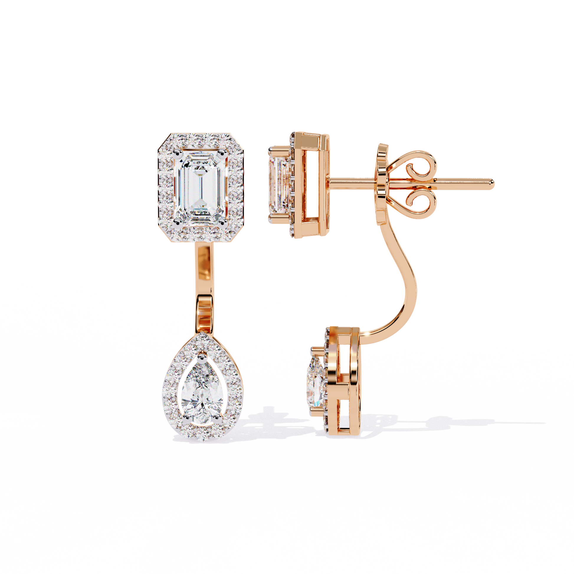 LAB-GROWN DIAMOND EARRING WITH EMERALD HALO TOP AND PEAR HALO DROP DESIGN IN ROSE GOLD FEATURING VVS TO VS+ D–F DIAMONDS #ROSE GOLD