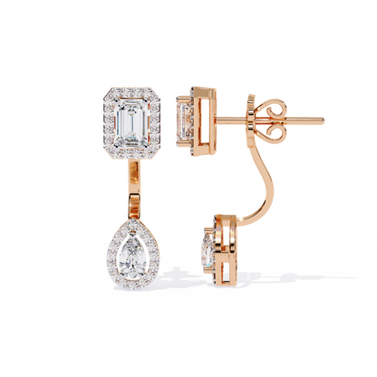 LAB-GROWN DIAMOND EARRING WITH EMERALD HALO TOP AND PEAR HALO DROP DESIGN IN ROSE GOLD FEATURING VVS TO VS+ D–F DIAMONDS #ROSE GOLD