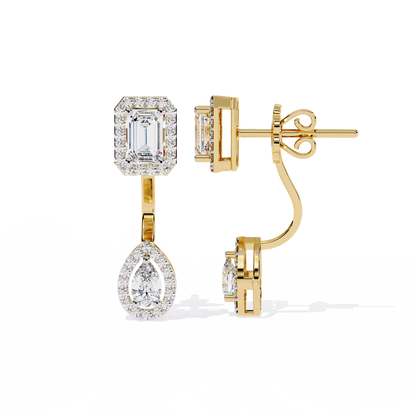 LAB-GROWN DIAMOND EARRING WITH EMERALD HALO STUD AND PEAR HALO DROP DESIGN IN YELLOW GOLD FEATURING VVS TO VS+ D–F DIAMONDS #YELLOW GOLD