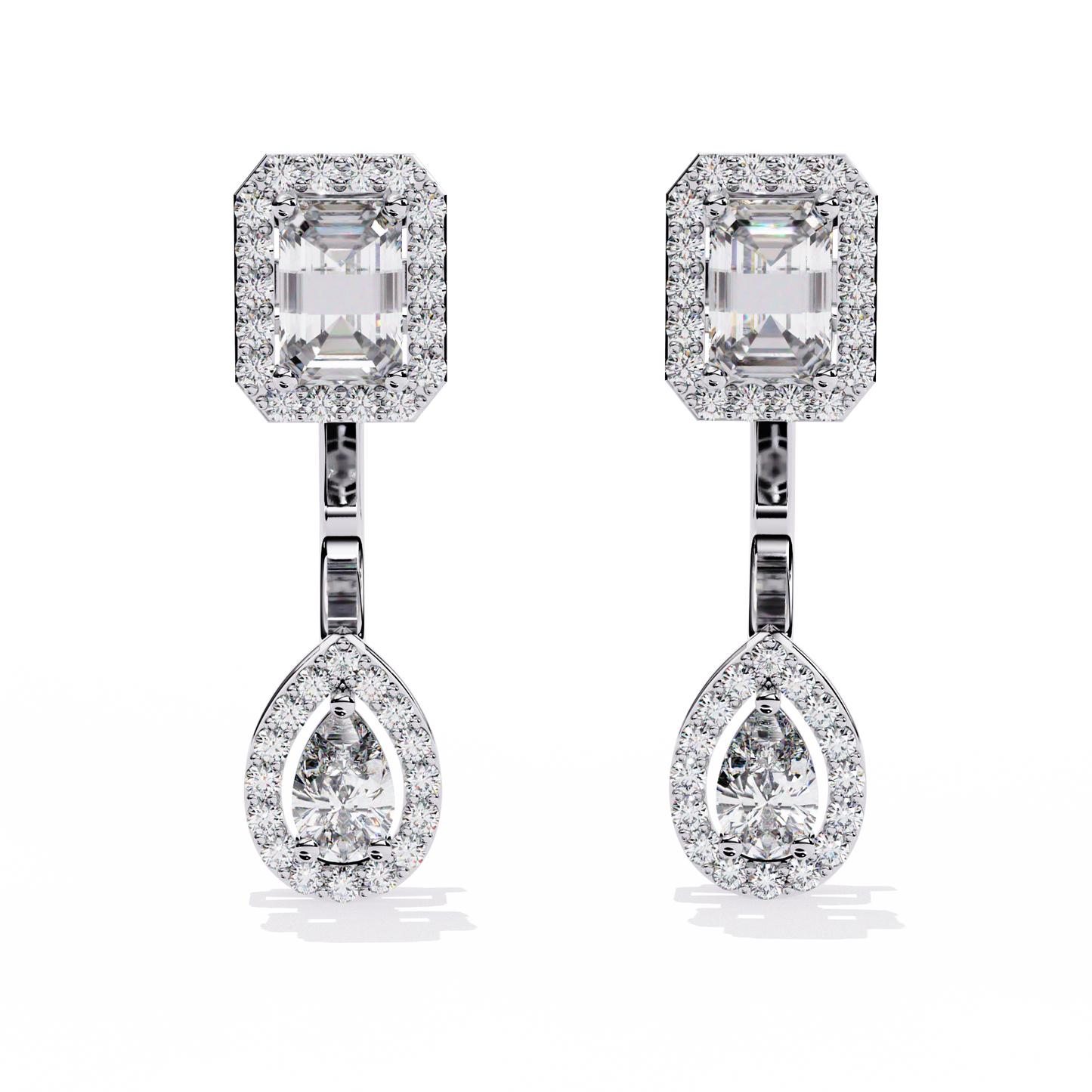 LAB-GROWN DIAMOND EARRING SIDE VIEW WITH EMERALD HALO STUD AND PEAR HALO DROP DESIGN IN WHITE GOLD FEATURING VVS TO VS+ D–F DIAMONDS #WHITE GOLD