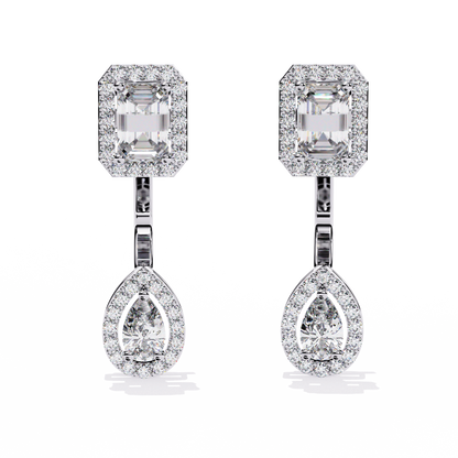 LAB-GROWN DIAMOND EARRING SIDE VIEW WITH EMERALD HALO STUD AND PEAR HALO DROP DESIGN IN WHITE GOLD FEATURING VVS TO VS+ D–F DIAMONDS #WHITE GOLD