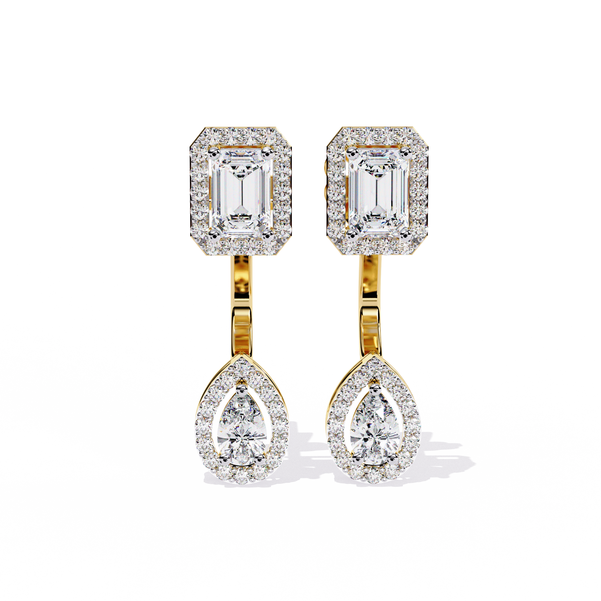 LAB-GROWN DIAMOND EARRING WITH EMERALD HALO STUD AND PEAR HALO DROP DESIGN IN YELLOW GOLD FEATURING VVS TO VS+ D–F DIAMONDS #YELLOW GOLD