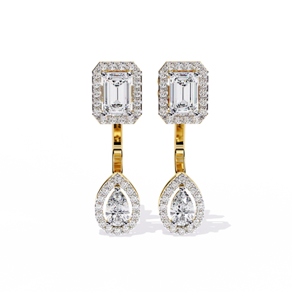 LAB-GROWN DIAMOND EARRING WITH EMERALD HALO STUD AND PEAR HALO DROP DESIGN IN YELLOW GOLD FEATURING VVS TO VS+ D–F DIAMONDS #YELLOW GOLD