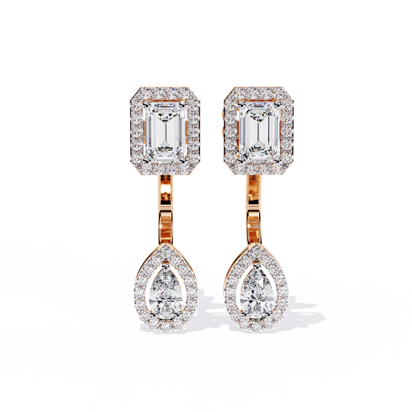 LAB-GROWN DIAMOND EARRING WITH EMERALD HALO TOP AND PEAR HALO DROP DESIGN IN ROSE GOLD FEATURING VVS TO VS+ D–F DIAMONDS #ROSE GOLD