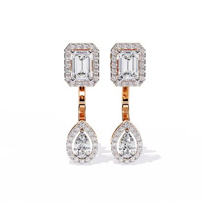 LAB-GROWN DIAMOND EARRING WITH EMERALD HALO TOP AND PEAR HALO DROP DESIGN IN ROSE GOLD FEATURING VVS TO VS+ D–F DIAMONDS #ROSE GOLD