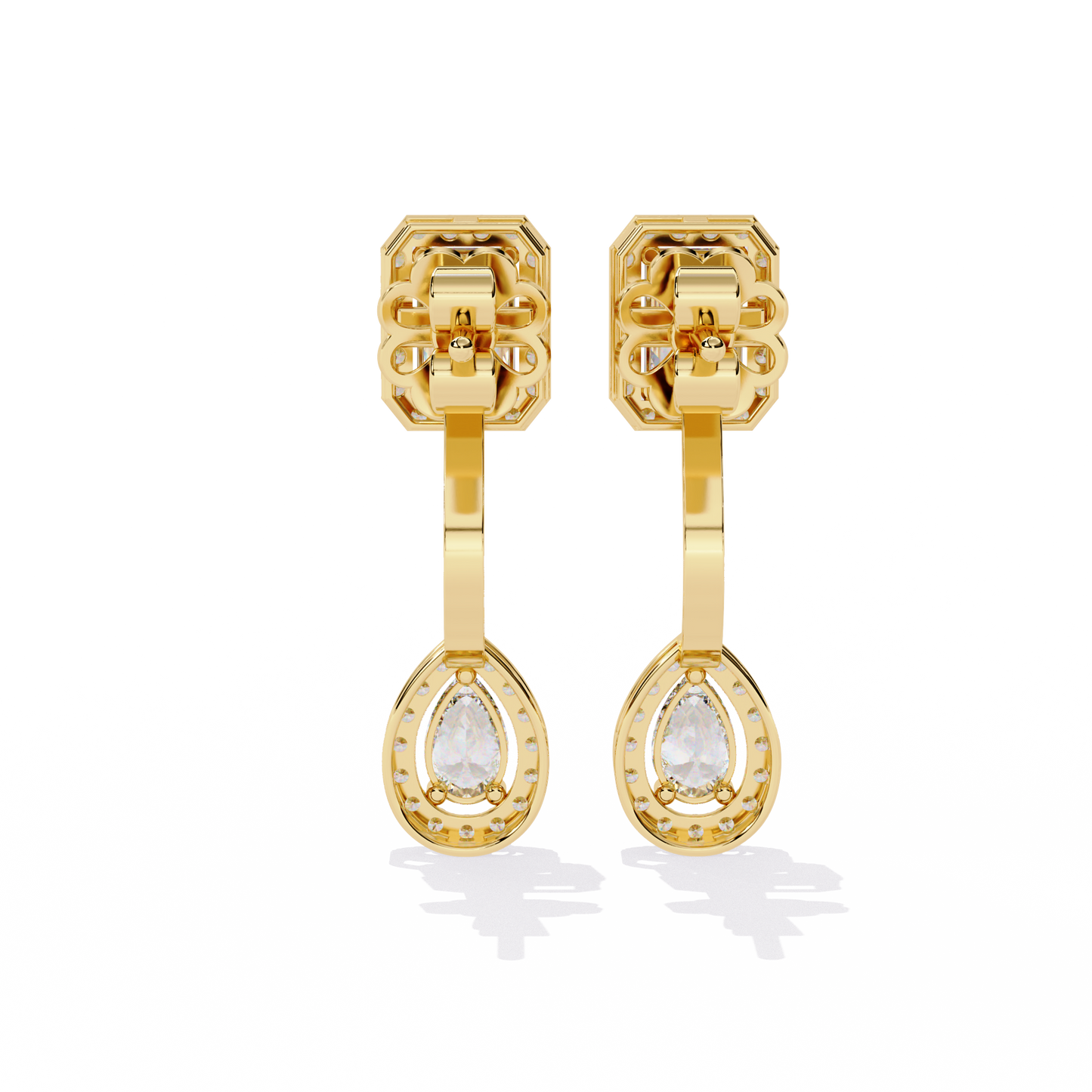 LAB-GROWN DIAMOND EARRING WITH EMERALD HALO STUD AND PEAR HALO DROP DESIGN IN YELLOW GOLD FEATURING VVS TO VS+ D–F DIAMONDS #YELLOW GOLD