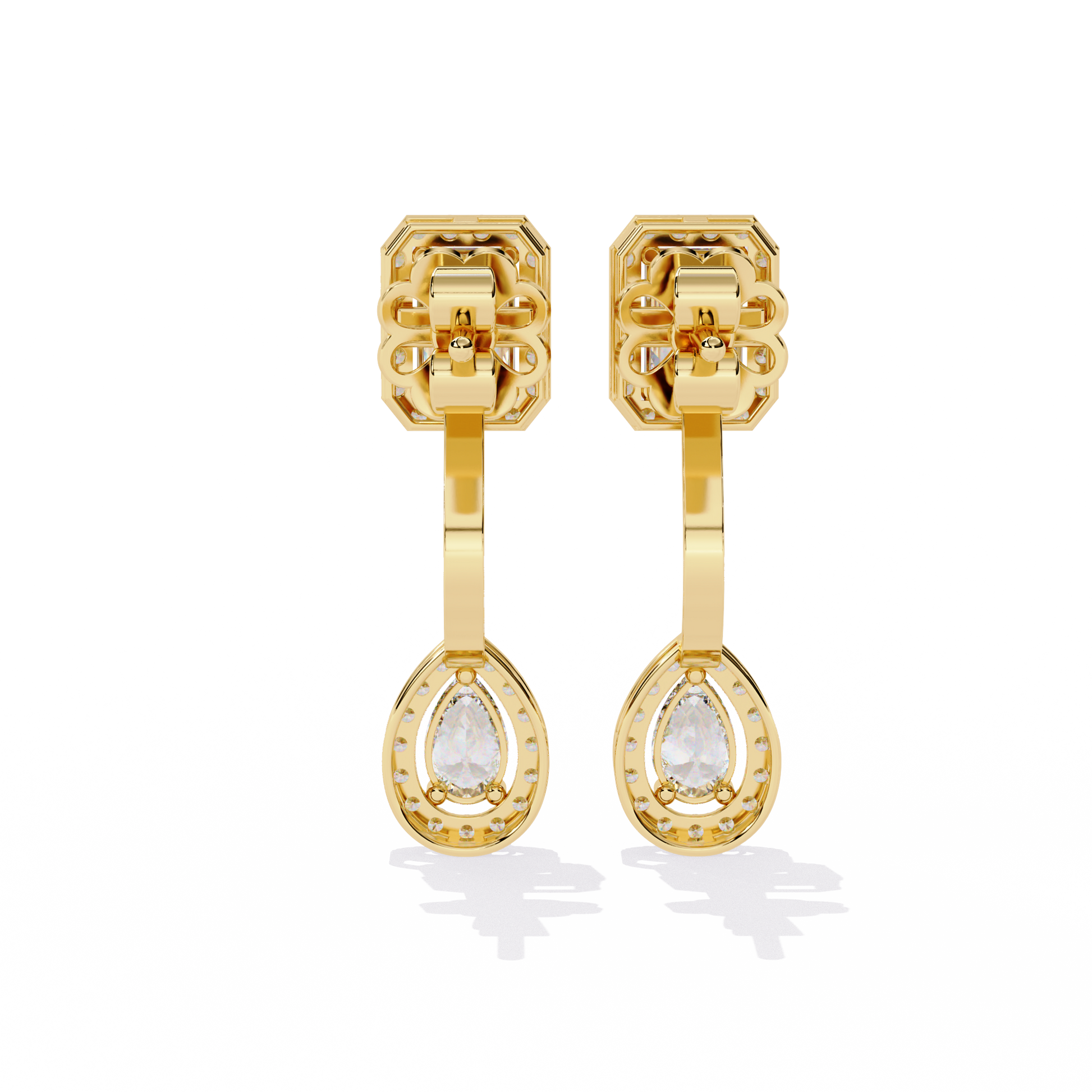 LAB-GROWN DIAMOND EARRING WITH EMERALD HALO STUD AND PEAR HALO DROP DESIGN IN YELLOW GOLD FEATURING VVS TO VS+ D–F DIAMONDS #YELLOW GOLD