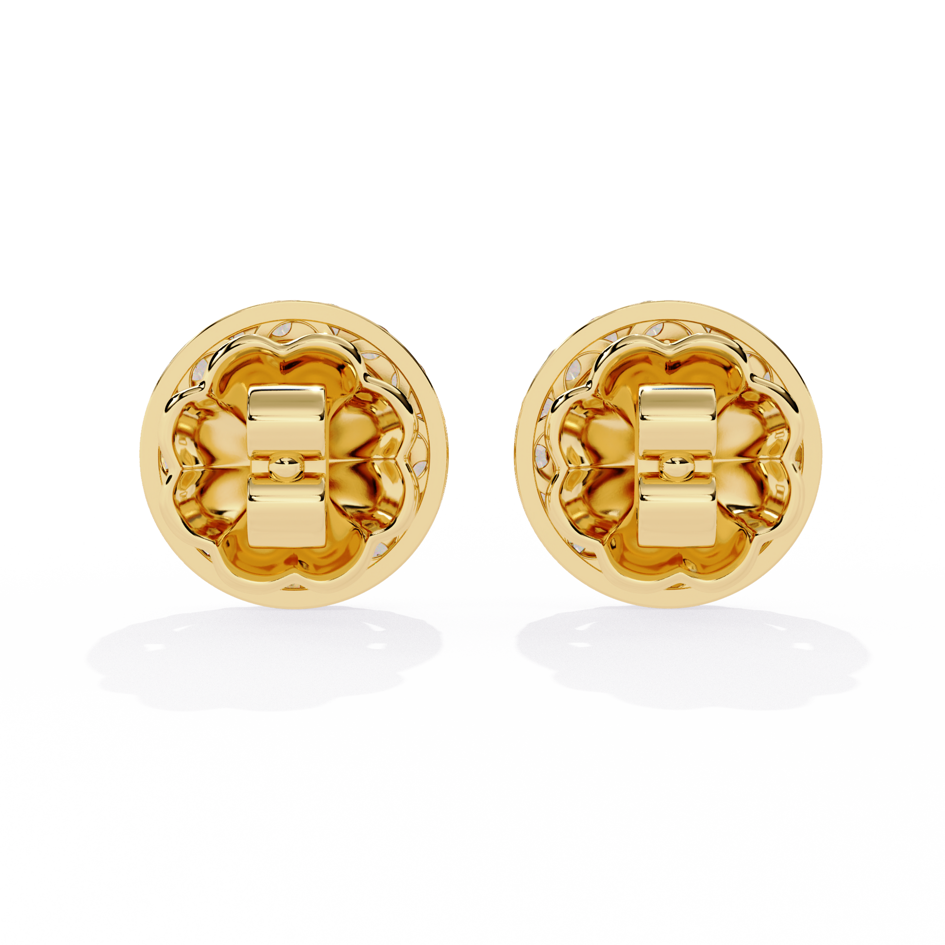 LAB-GROWN DIAMOND EARRING BACK VIEW WITH HALO STUD DESIGN IN YELLOW GOLD FEATURING ROUND AND MARQUISE LAB-GROWN DIAMONDS WITH DIAMOND CLARITY VVS TO VS+ AND DIAMOND COLOR D–F #YELLOW GOLD