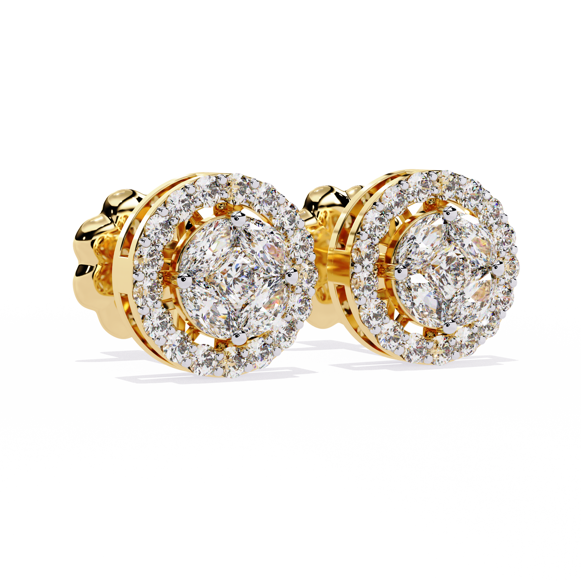 LAB-GROWN DIAMOND EARRING BACK VIEW WITH HALO STUD DESIGN IN YELLOW GOLD FEATURING ROUND AND MARQUISE LAB-GROWN DIAMONDS WITH DIAMOND CLARITY VVS TO VS+ AND DIAMOND COLOR D–F #YELLOW GOLD