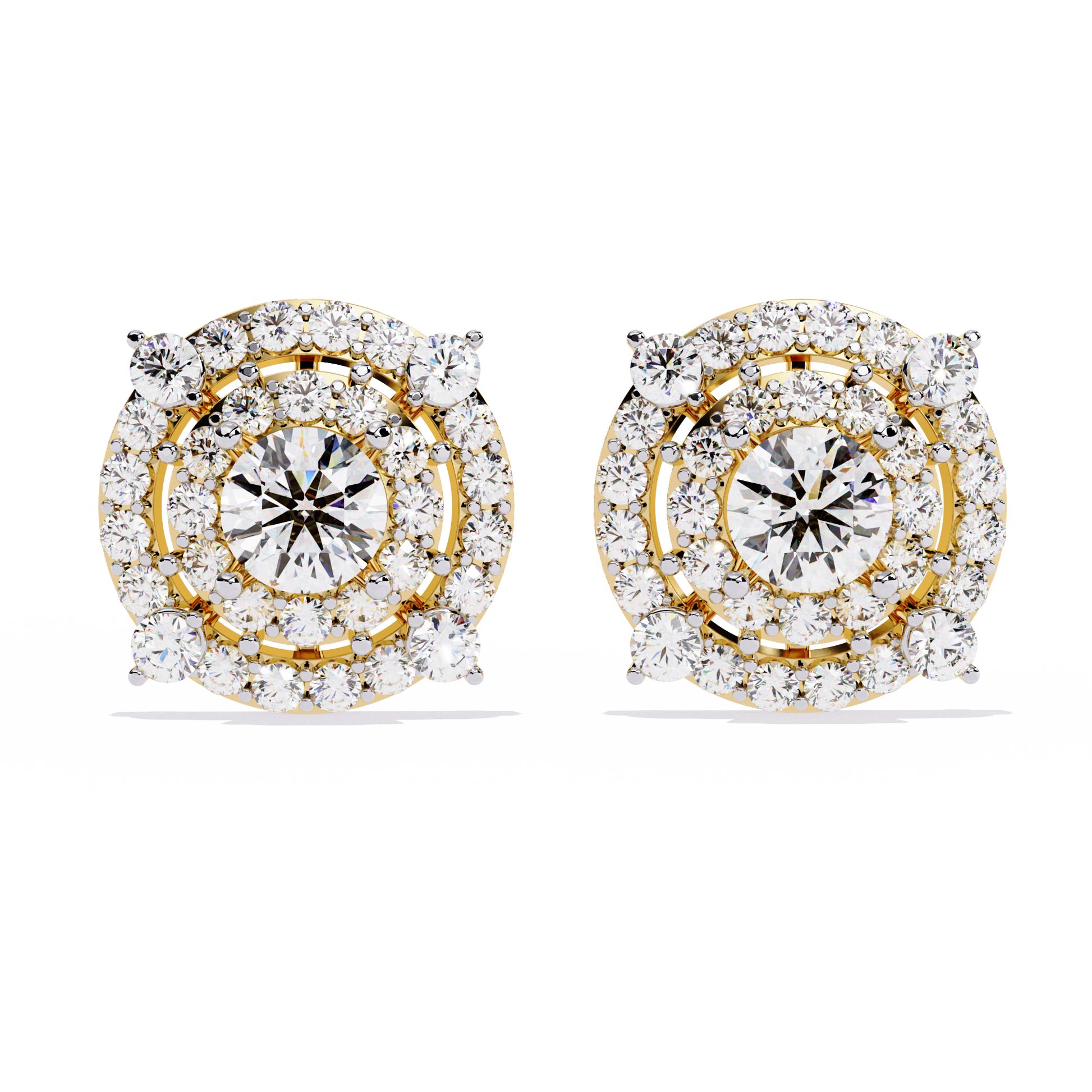 LAB-GROWN DIAMOND EARRING WITH DOUBLE HALO STUD DESIGN IN YELLOW GOLD FEATURING VVS TO VS+ D–F DIAMONDS LUXURY JEWELRY #YELLOW GOLD