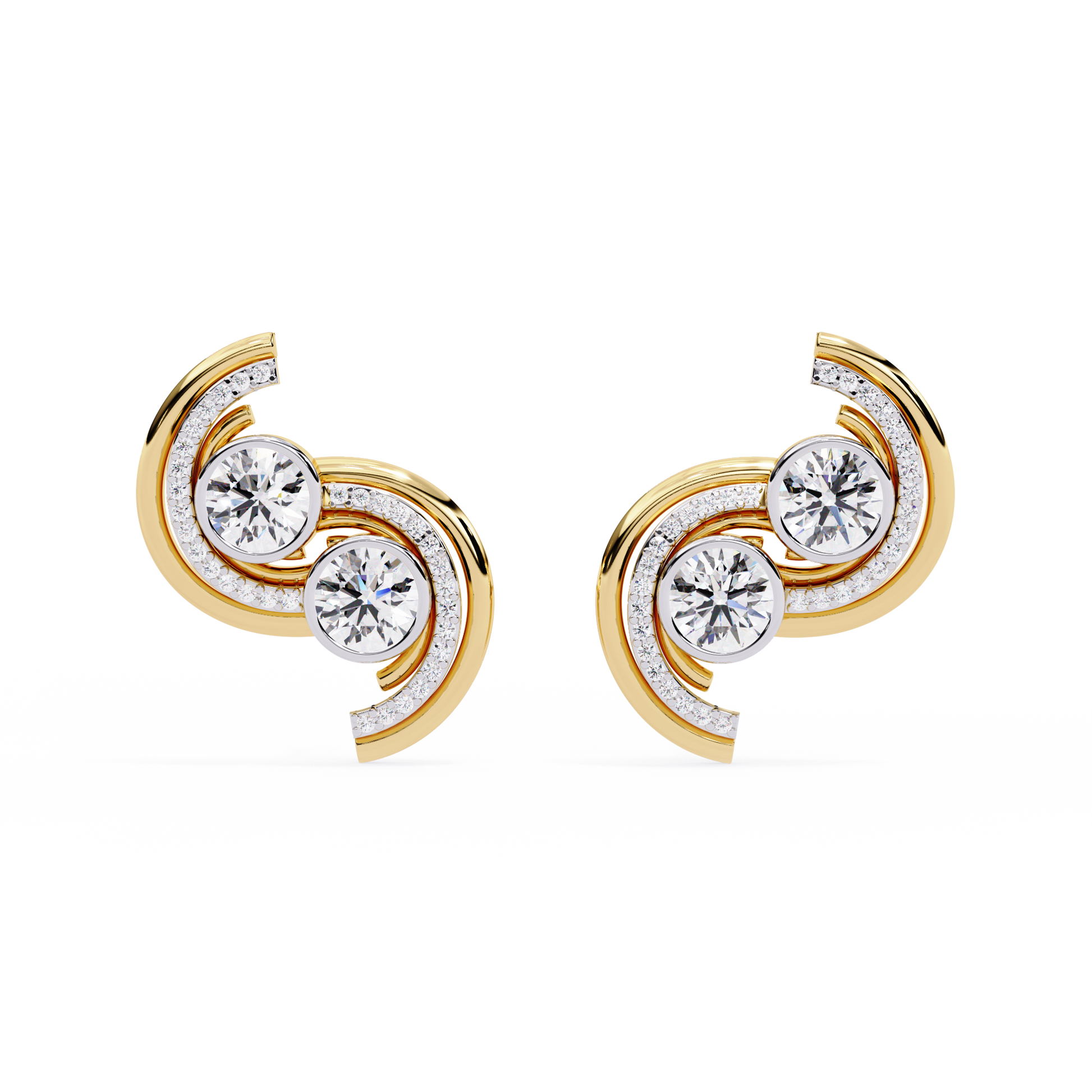 LAB-GROWN DIAMOND EARRING WITH MODERN SWIRL STUD DESIGN IN YELLOW GOLD SHOWING BACK VIEW WITH VVS TO VS+ D–F DIAMONDS LUXURY JEWELRY #YELLOW GOLD