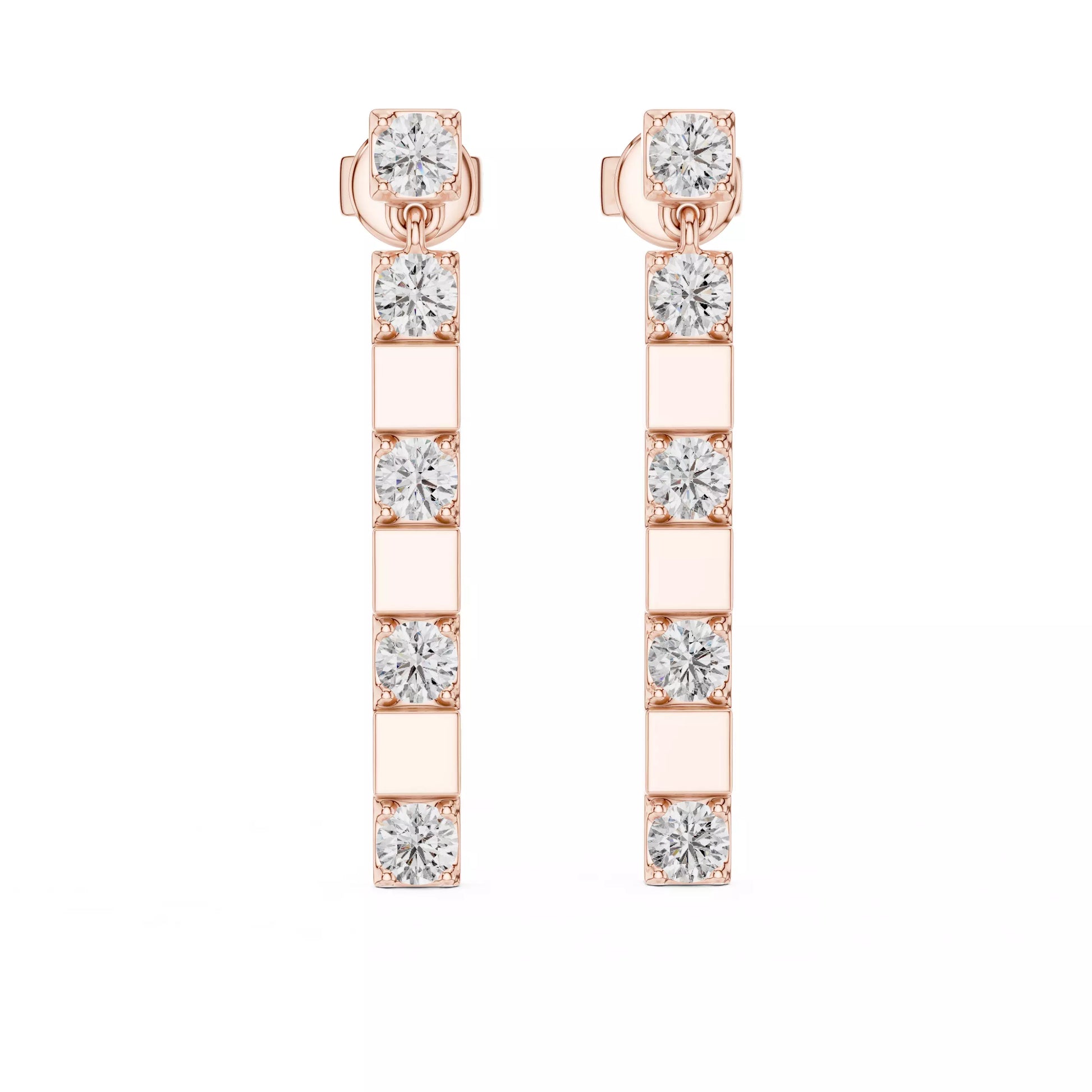 LAB-GROWN DIAMOND EARRING WITH MODERN BAR DROP DESIGN IN ROSE GOLD SIDE VIEW FEATURING DIAMOND CLARITY VVS TO VS+ AND DIAMOND COLOR D–F #ROSE GOLD