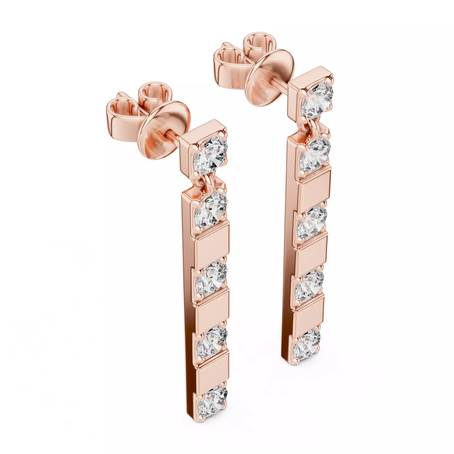 LAB-GROWN DIAMOND EARRING WITH MODERN BAR DROP DESIGN IN ROSE GOLD SIDE VIEW FEATURING DIAMOND CLARITY VVS TO VS+ AND DIAMOND COLOR D–F #ROSE GOLD