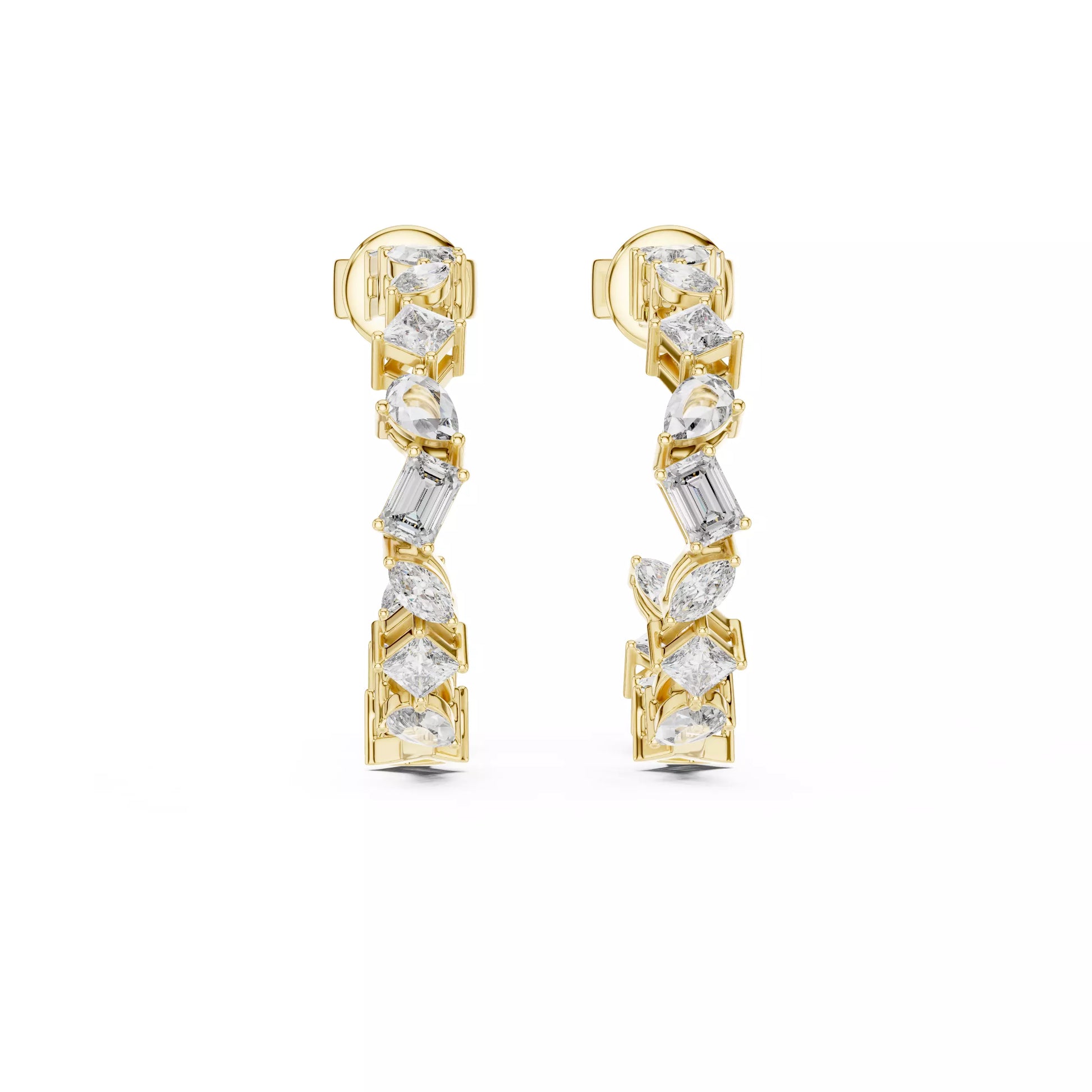 LAB-GROWN DIAMOND EARRING WITH MIXED-SHAPE HOOP DESIGN IN YELLOW GOLD FEATURING DIAMOND CLARITY VVS TO VS+ AND DIAMOND COLOR D–F LUXURY JEWELRY #YELLOW GOLD
