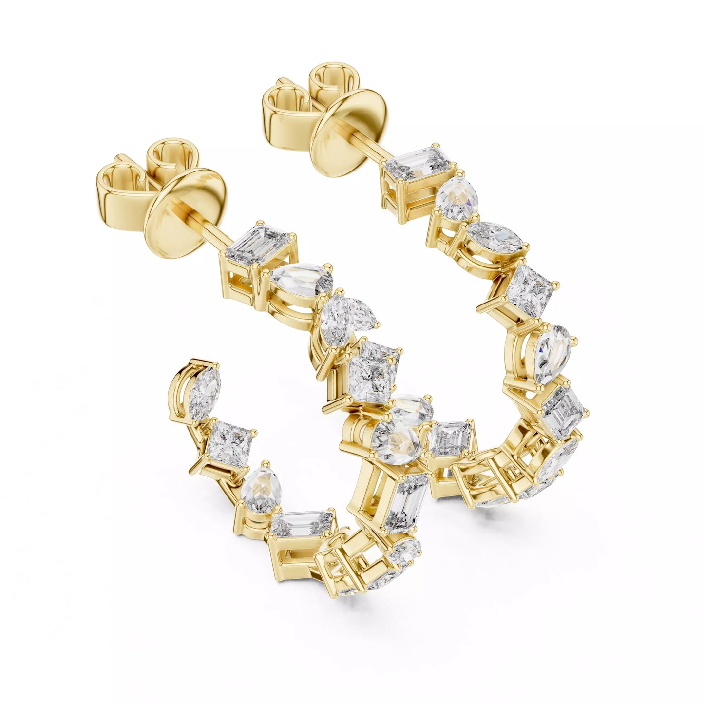 LAB-GROWN DIAMOND EARRING WITH MIXED-SHAPE HOOP DESIGN IN YELLOW GOLD FEATURING DIAMOND CLARITY VVS TO VS+ AND DIAMOND COLOR D–F LUXURY JEWELRY #YELLOW GOLD