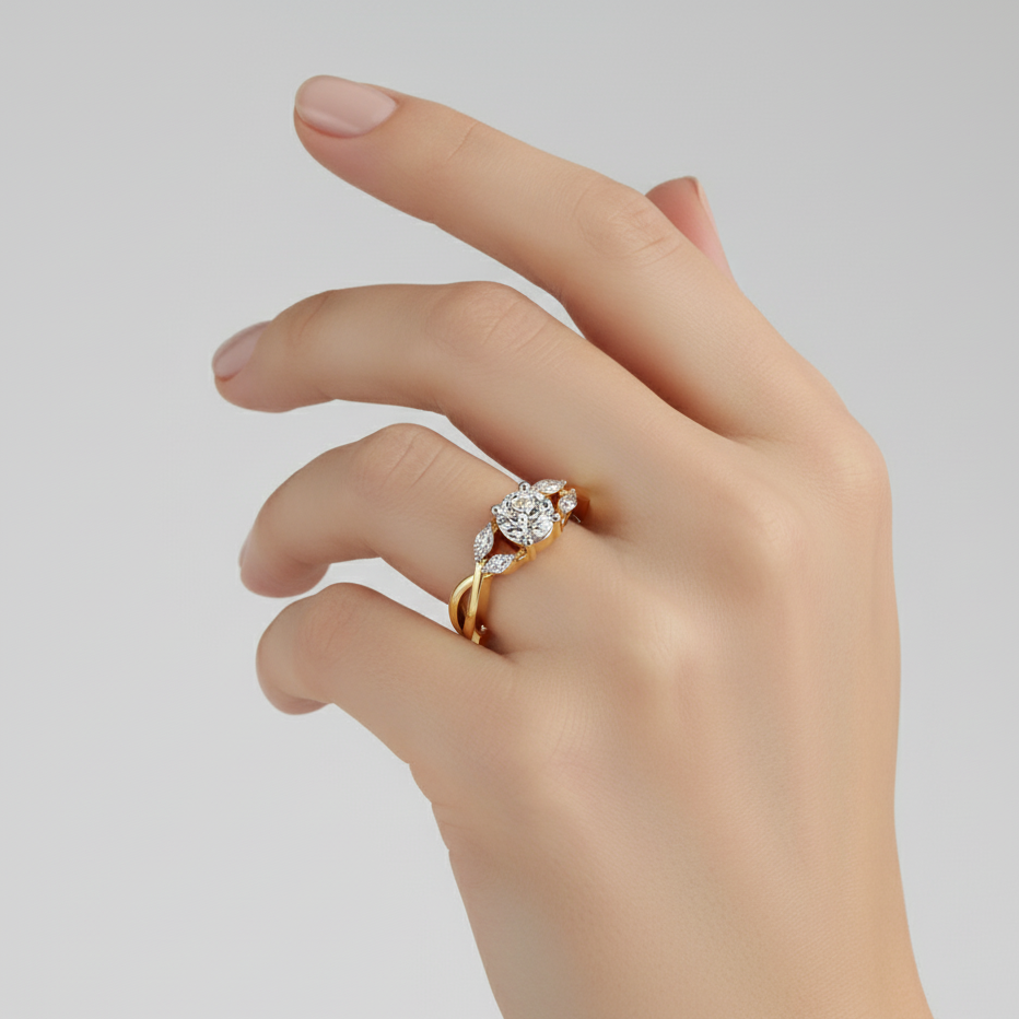 ROUND AND MARQUISE DIAMOND YELLOW GOLD SOLITAIRE RING 