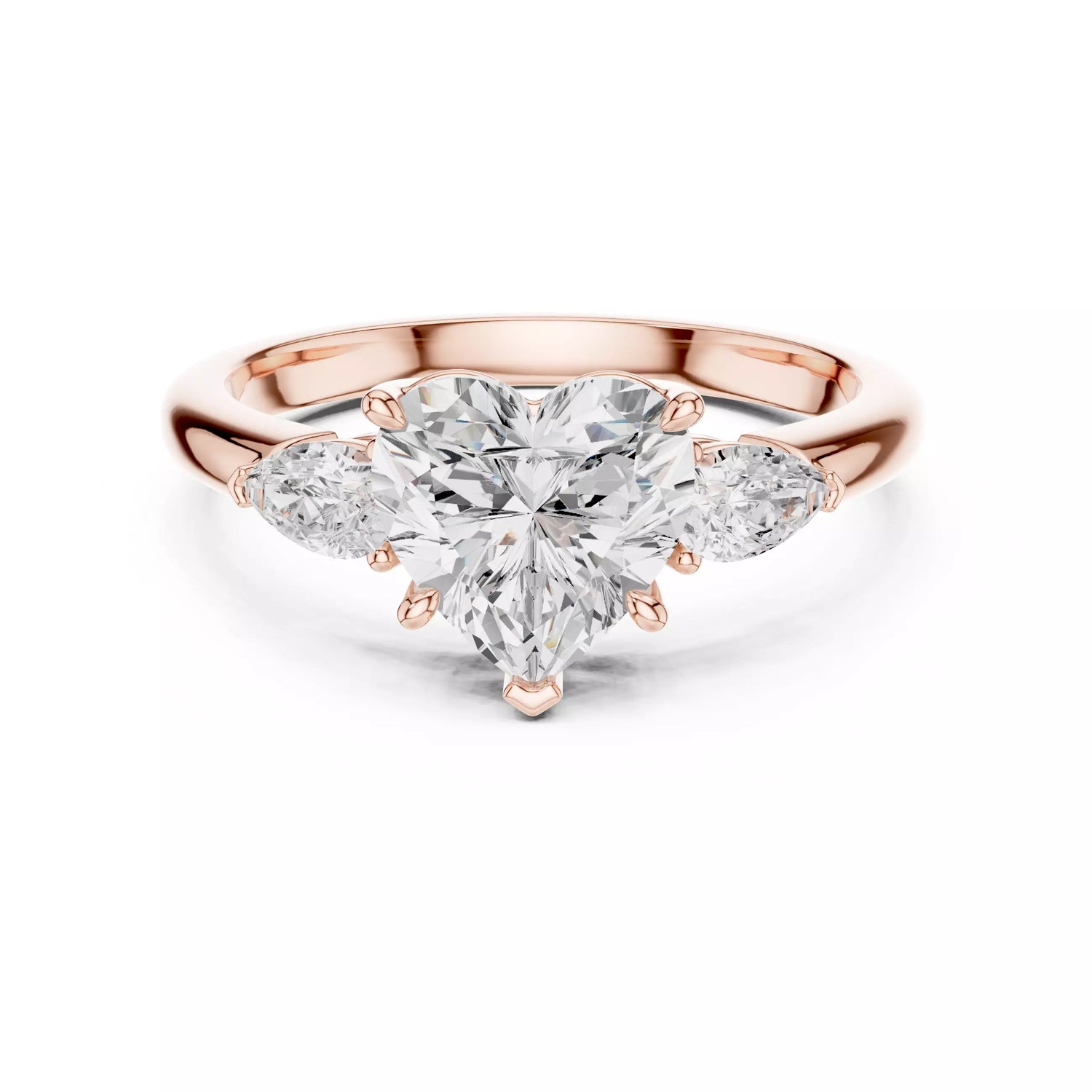  Rose gold three stone heart ring with smooth tapered shank #ROSE GOLD