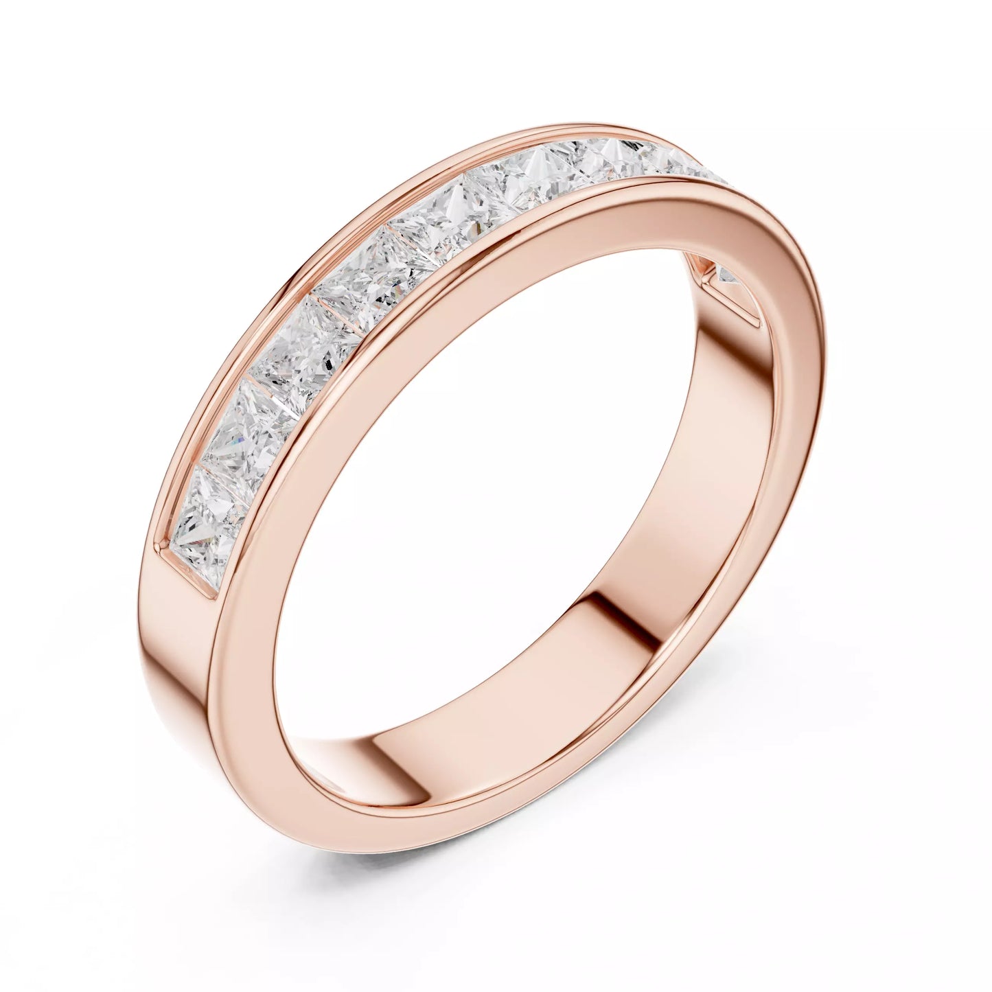 Princess-cut lab-grown diamond ring with inset-flush band design, D–F color VVS to VS+ diamonds in polished rose gold #ROSE GOLD