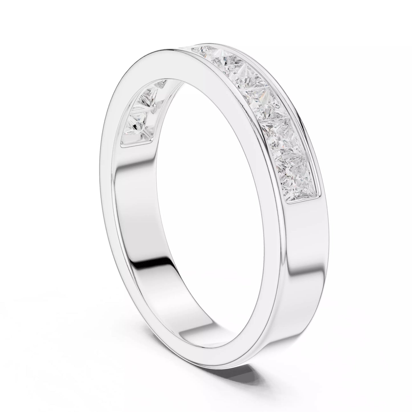 Princess channel-style lab-grown diamond ring, D–F color VVS to VS+ diamonds in bright white gold band #WHITE GOLD