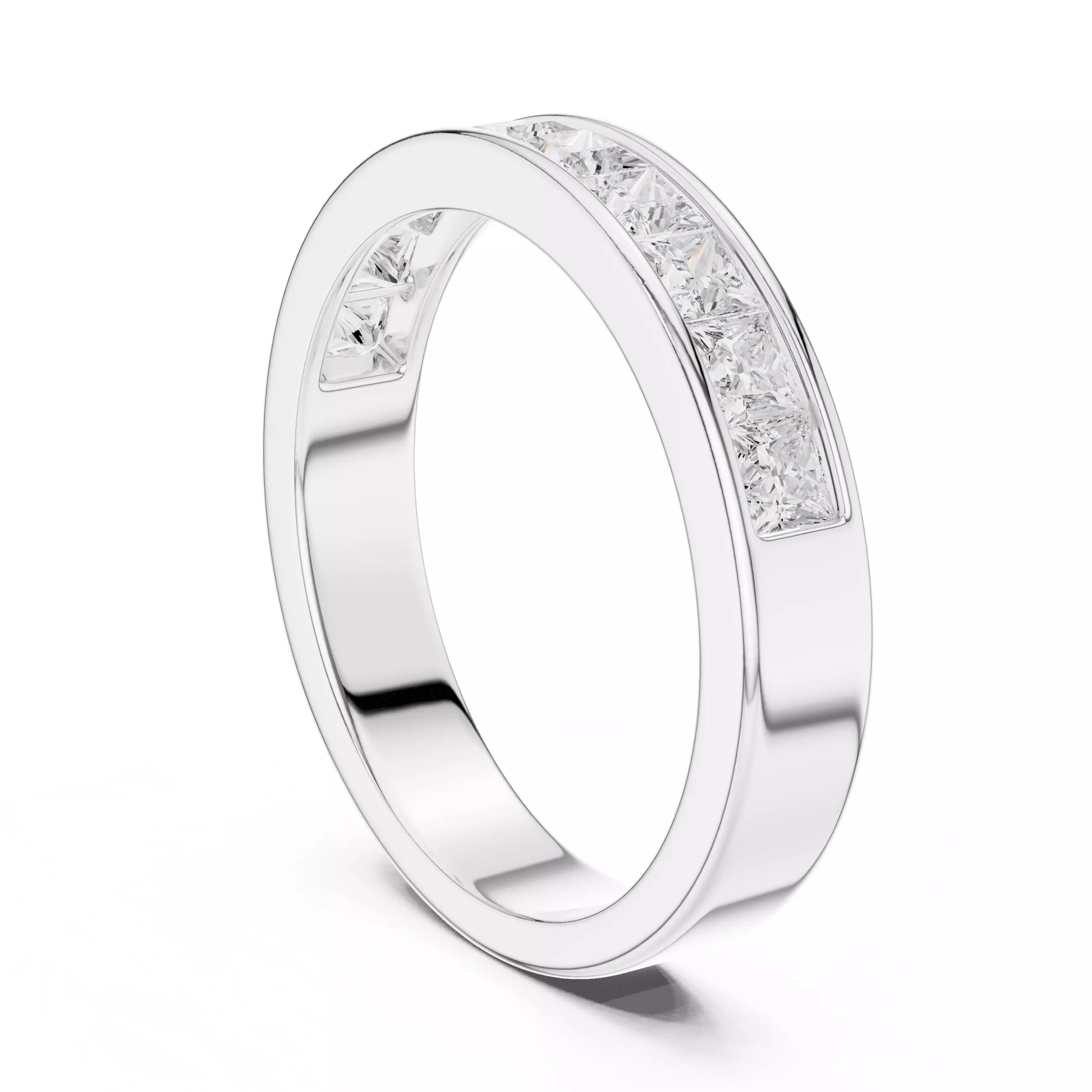 Princess channel-style lab-grown diamond ring, D–F color VVS to VS+ diamonds in bright white gold band #WHITE GOLD