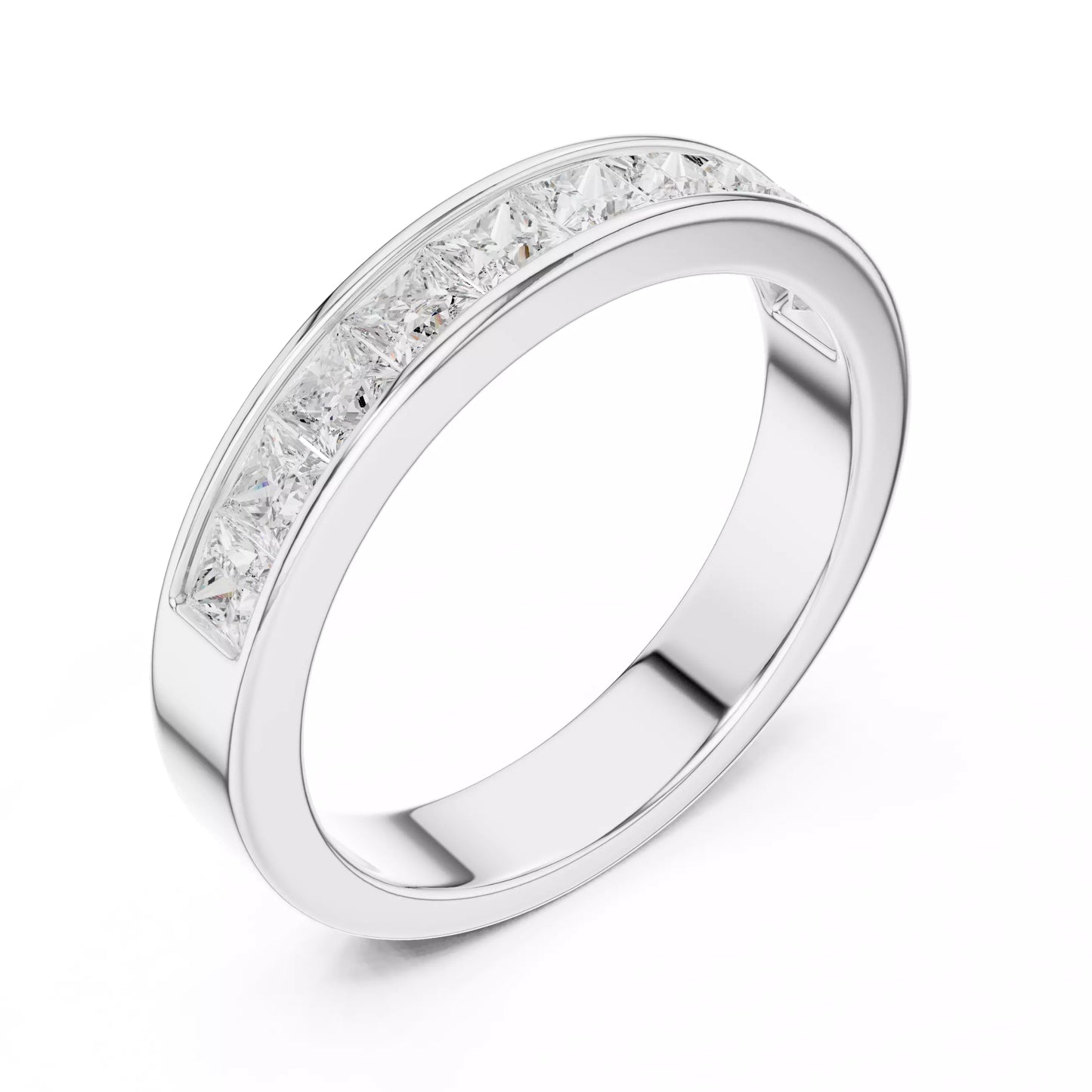Princess channel-style lab-grown diamond ring, D–F color VVS to VS+ diamonds in bright white gold band #WHITE GOLD