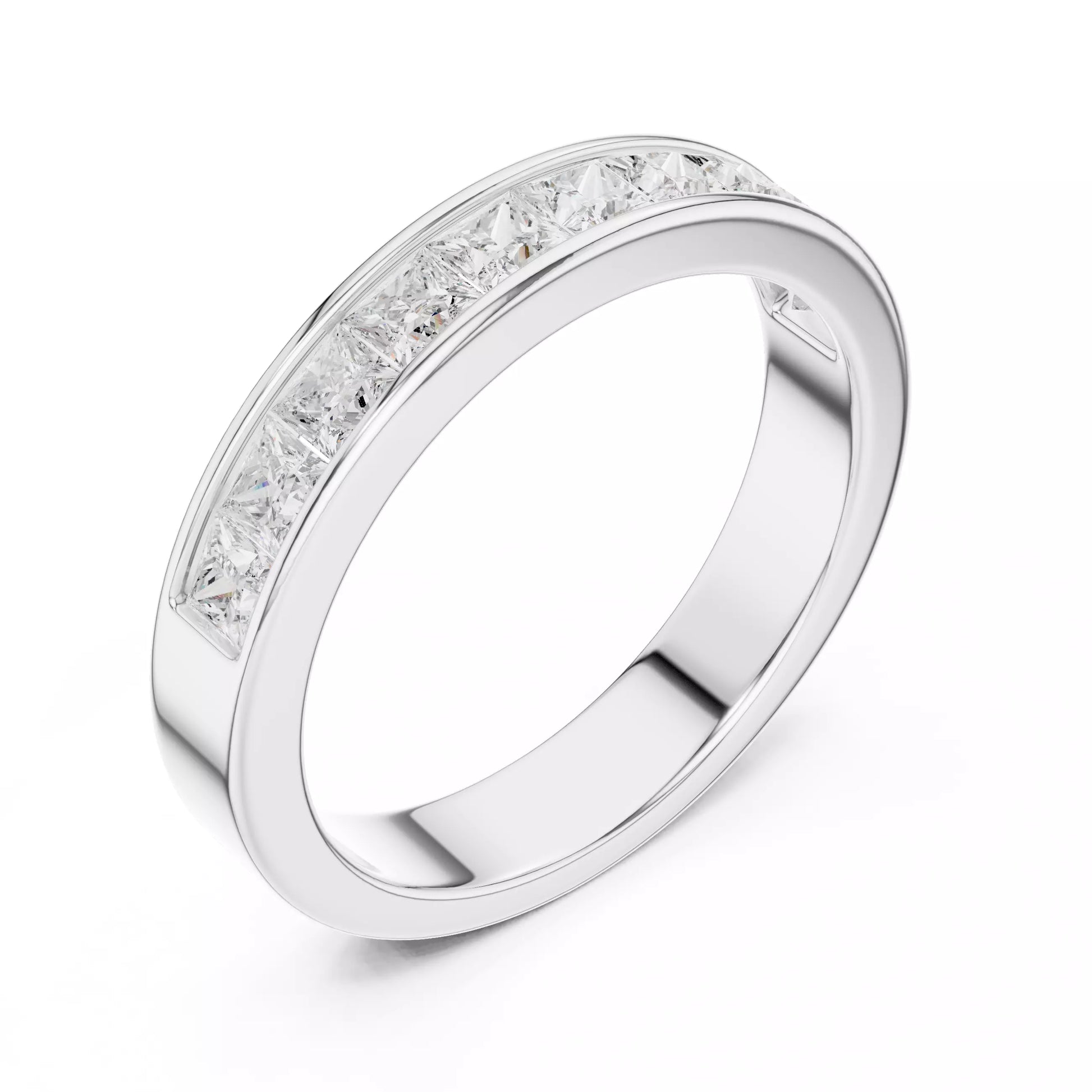 Princess channel-style lab-grown diamond ring, D–F color VVS to VS+ diamonds in bright white gold band #WHITE GOLD