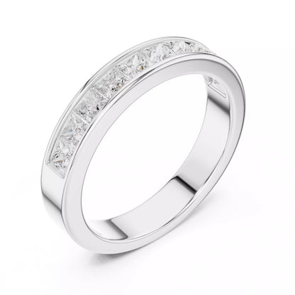 Princess channel-style lab-grown diamond ring, D–F color VVS to VS+ diamonds in bright white gold band #WHITE GOLD
