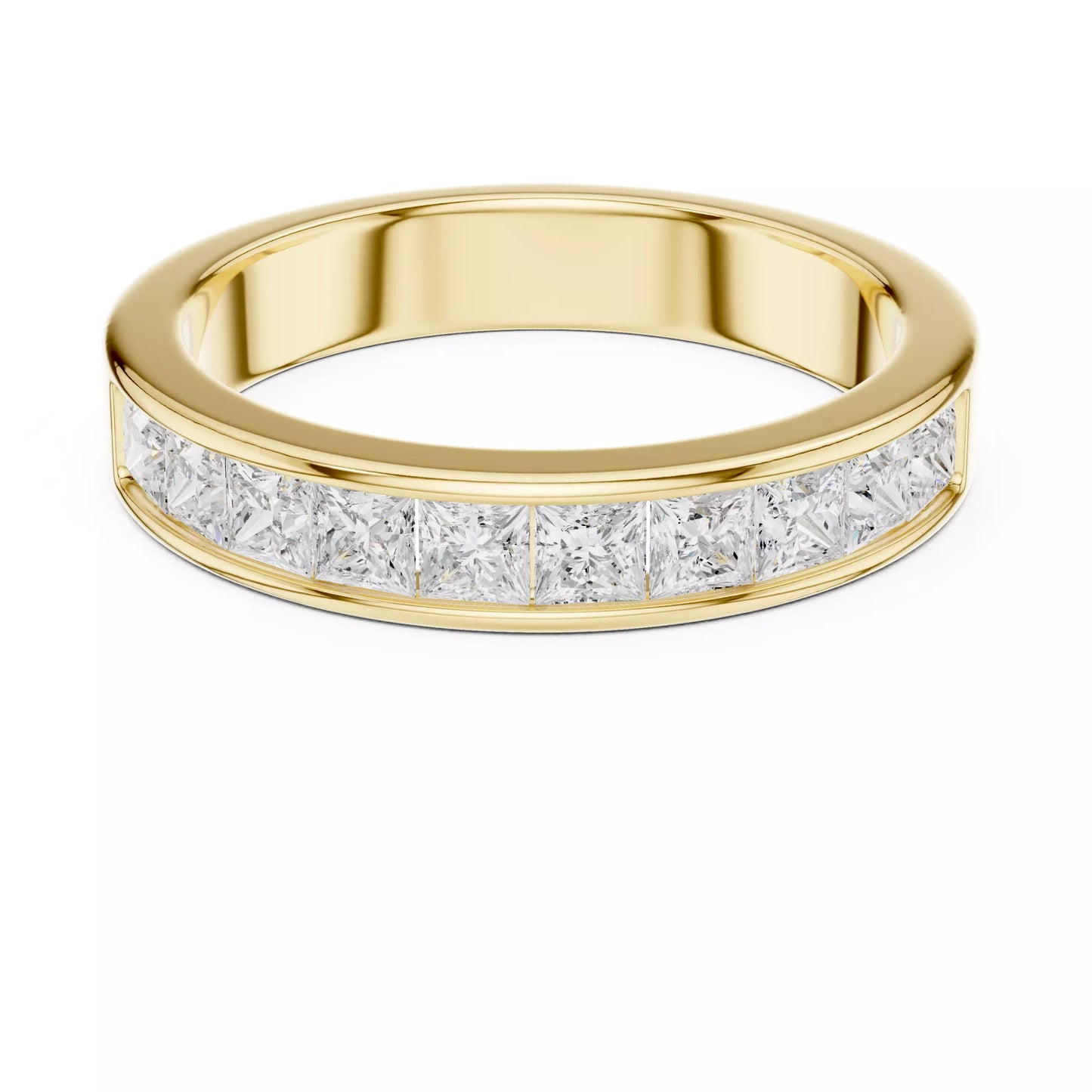 Princess-cut lab-grown diamond wedding band, D–F color VVS to VS+ diamonds in high-polish yellow gold #YELLOW GOLD